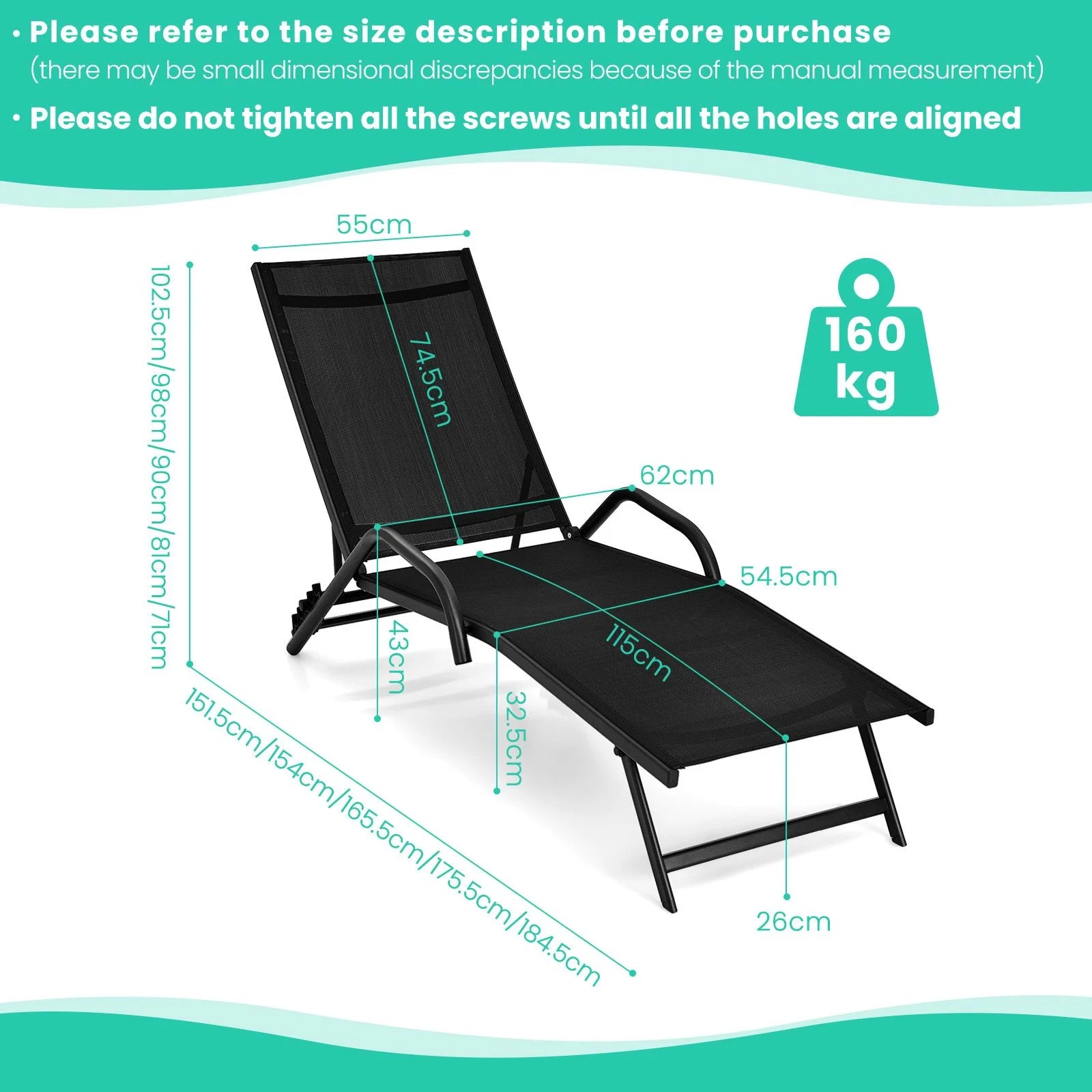 Set of 2 Outdoor Chaise Lounge Chairs with Breathable Seat