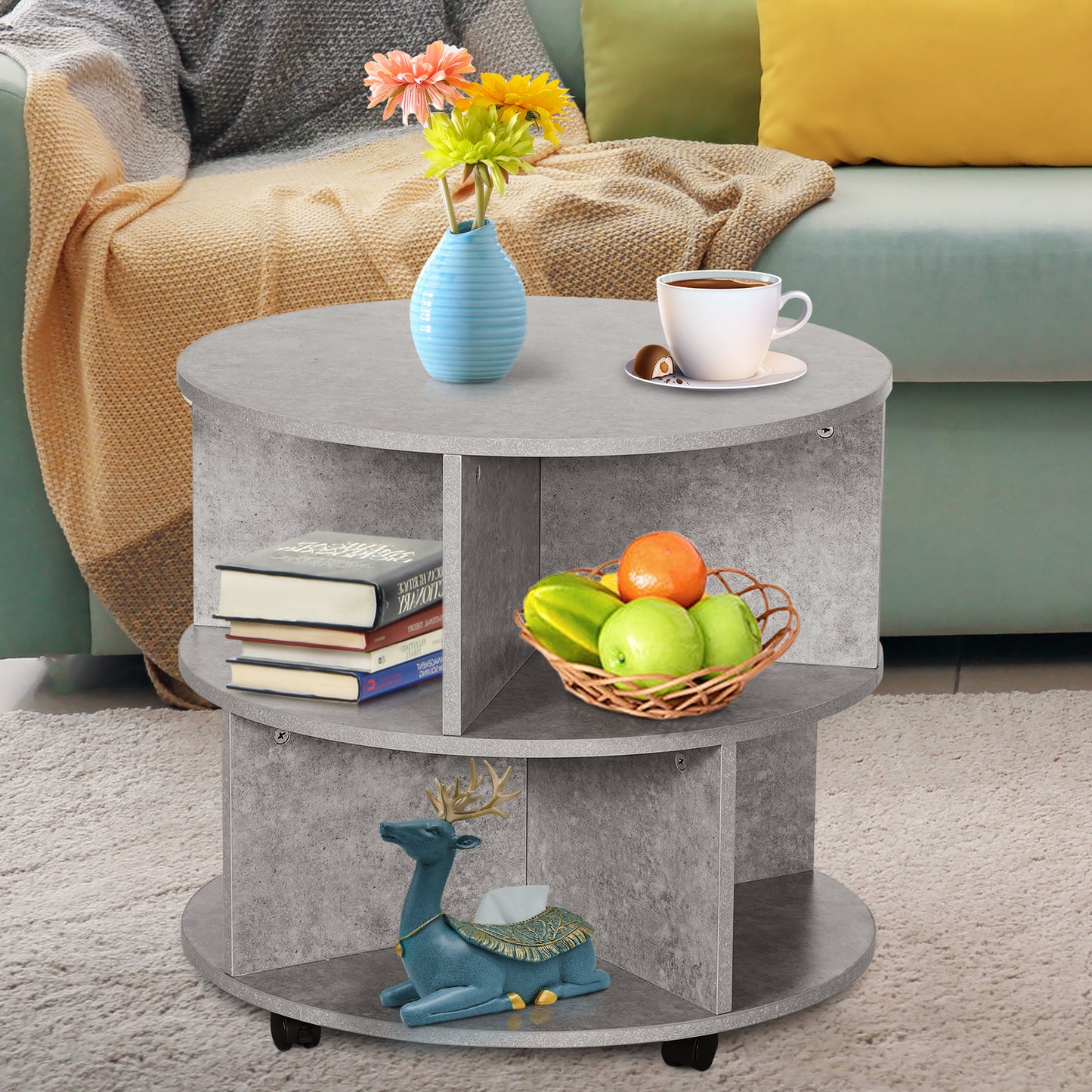 3 Tier round Coffee Table with Storage Shelves for Living Room
