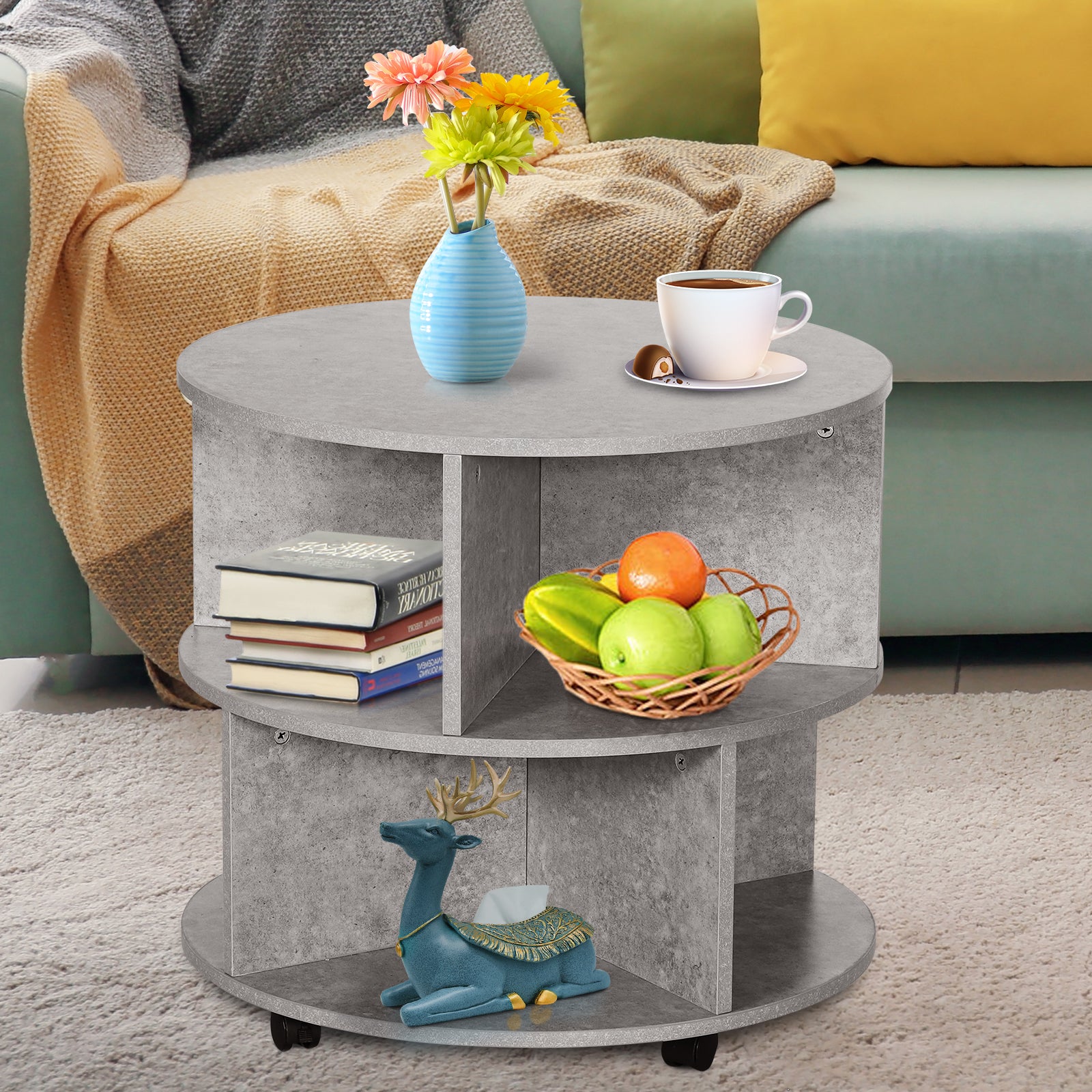 3 Tier round Coffee Table with Storage Shelves for Living Room