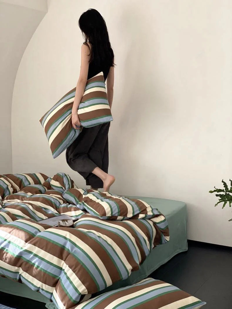 Retro Earthy Tone Stripe Queen Duvet Cover Set with Pillowcases, 100% Cotton