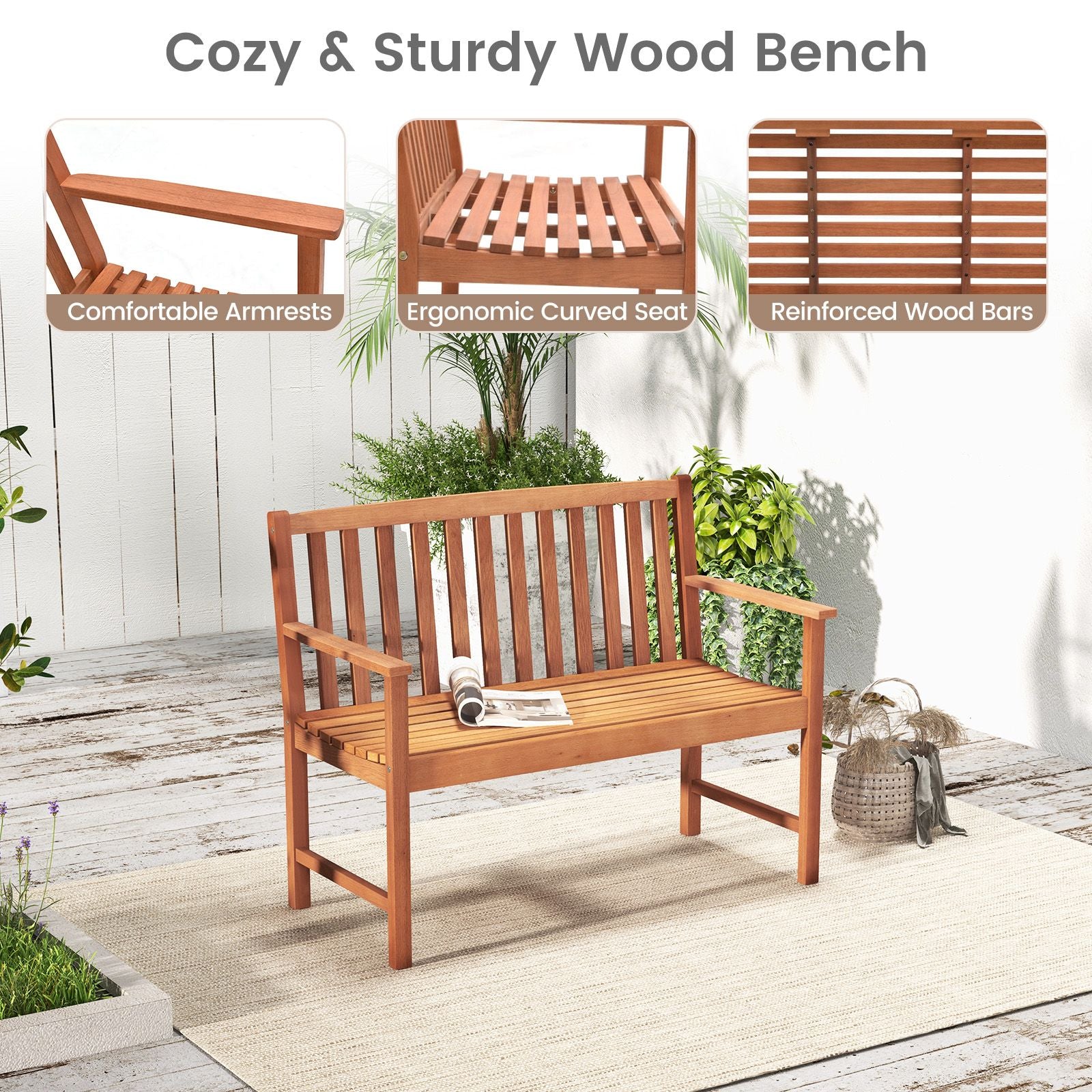 Patio Wood Bench with Cozy Armrests and Backrest