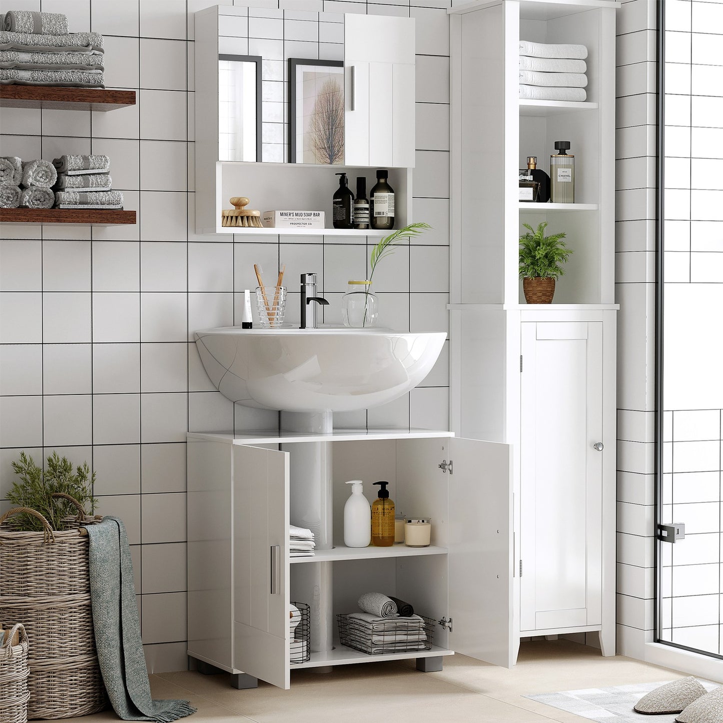 Bathroom Mirror Cabinet Wall Mount Storage Organizer W/ Door, Shelves, White