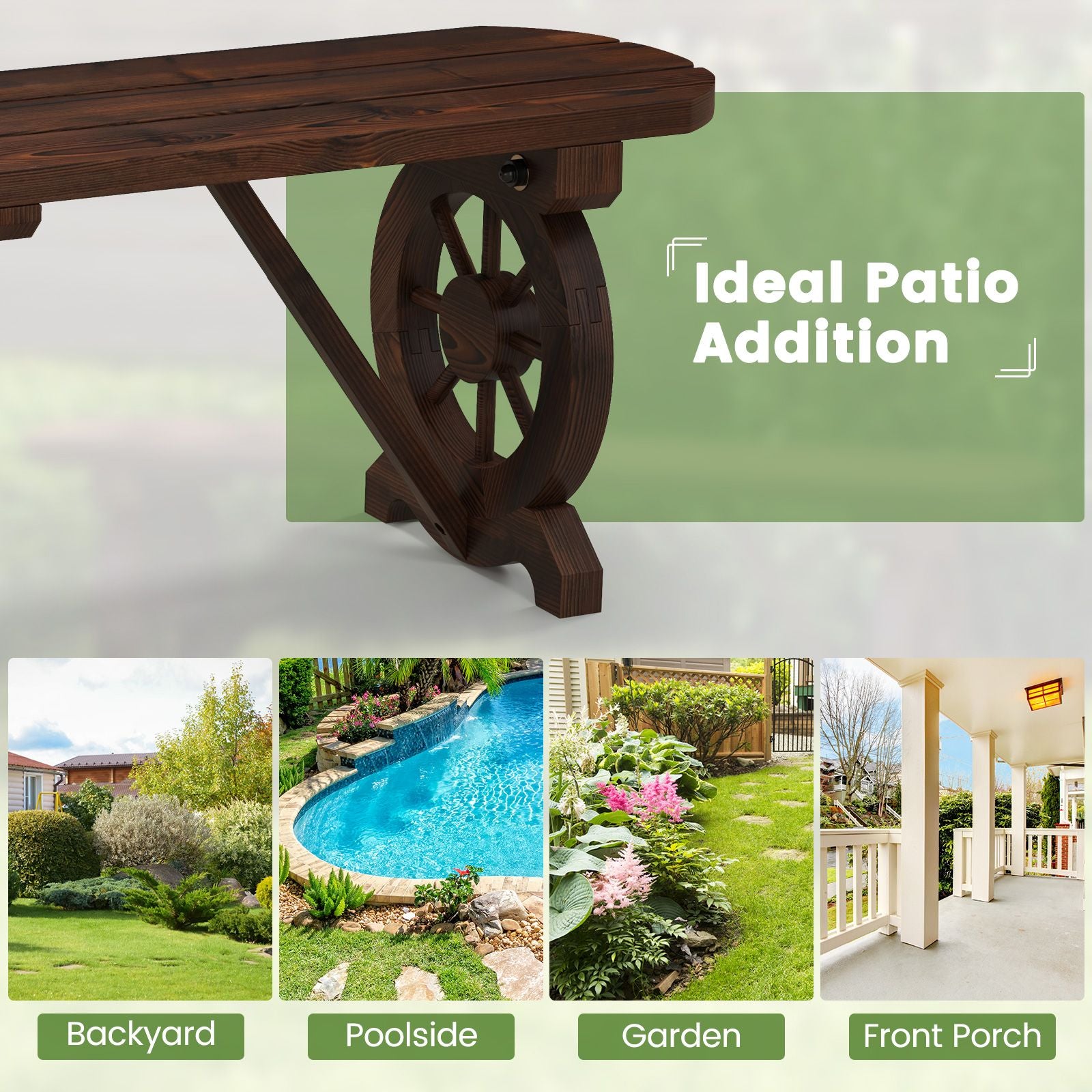 2-Seat Patio Wood Bench with Wagon Wheel Base and Slatted Seat