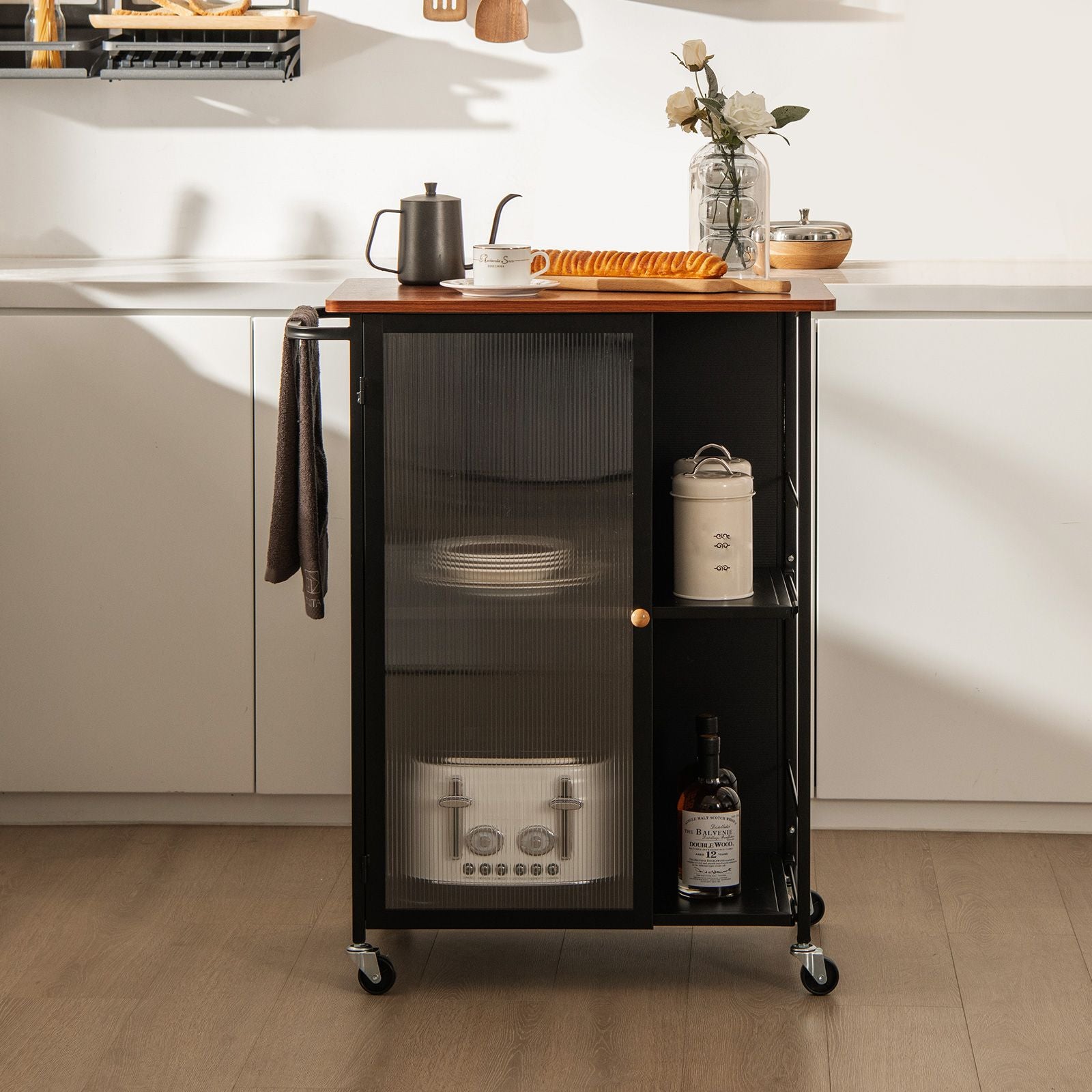 Mobile Serving Cart with Transparent Single Door Cabinet