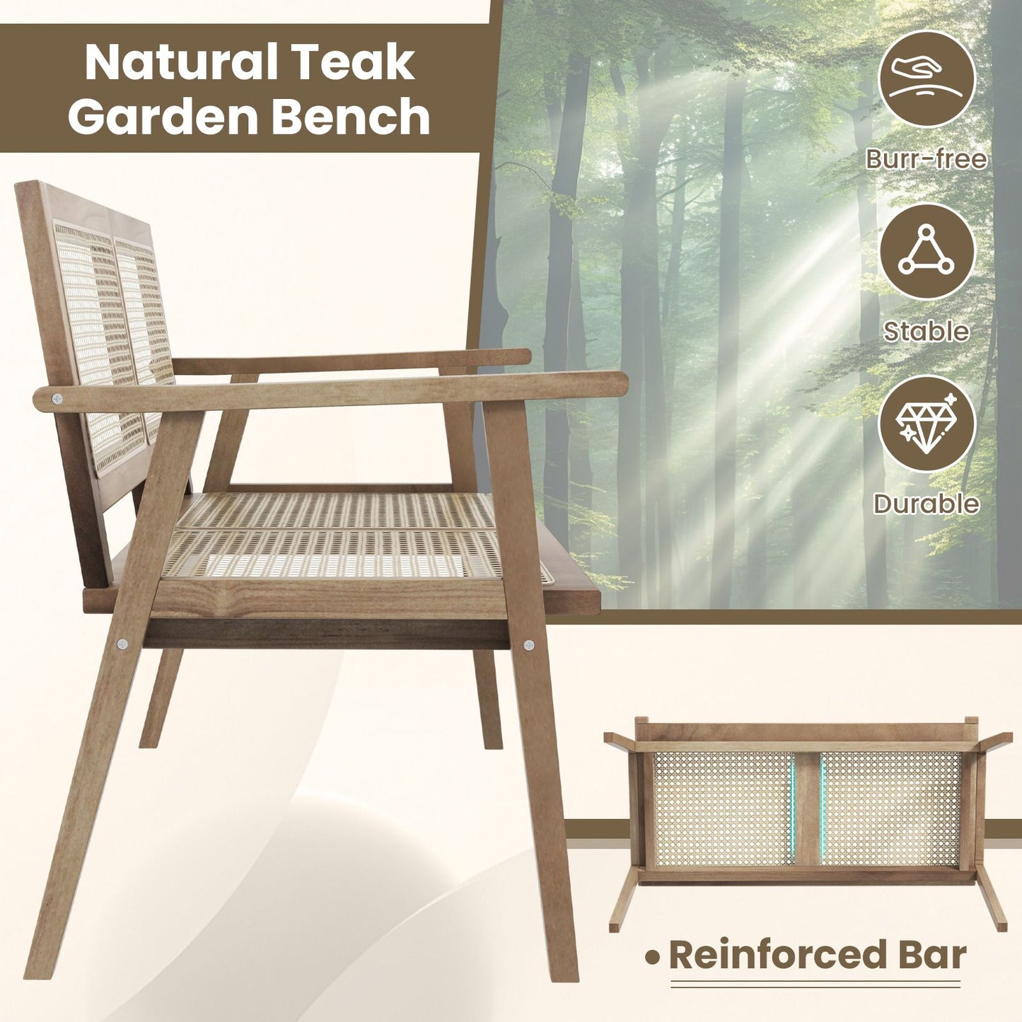 Outdoor Teak Wood Garden Bench with Armrests Rattan Backrest and Seat