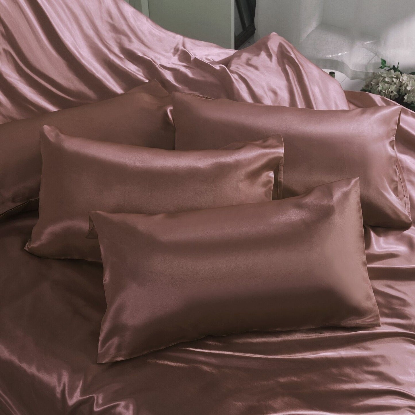 ROOEE 6PCS Satin Silk Complete Bedding Set Fitted Sheet Duvet Cover Pillow Cases