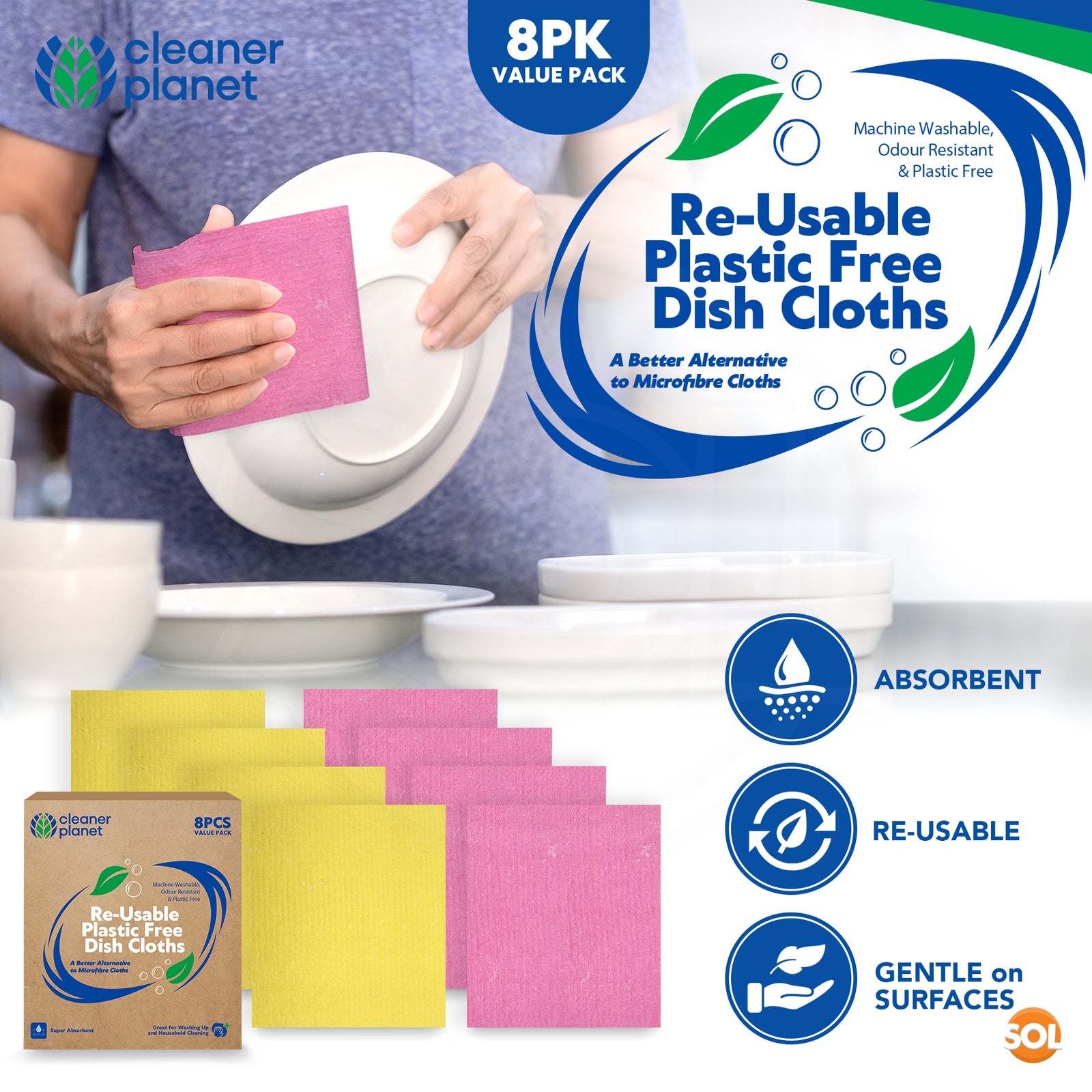 8 Sponge Cloths Absorbent Cellulose Kitchen Dish Cleaning Wipes Multipurpose Pad