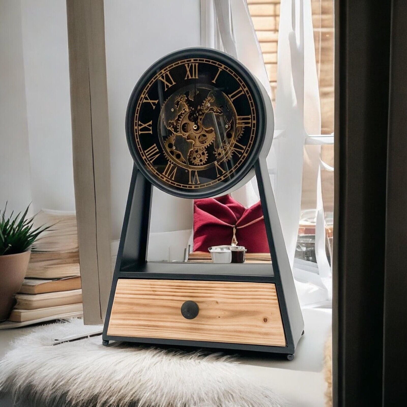 Mantel Gear Clock Moving Gears Drawer Silent Sweep Clock round Black and Gold