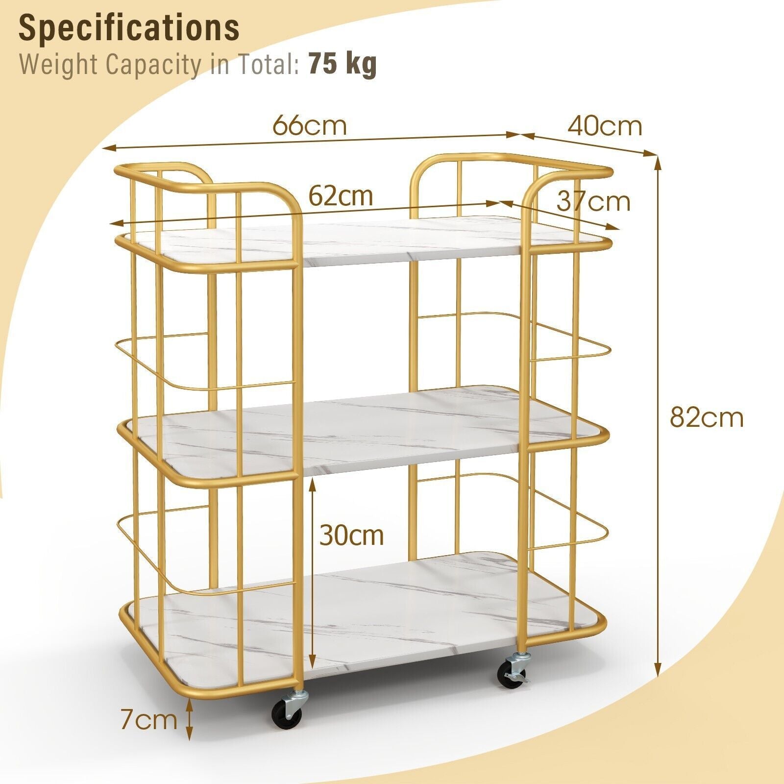 3-Tier Rolling Buffet Serving Cart with Lockable Wheels and Handles