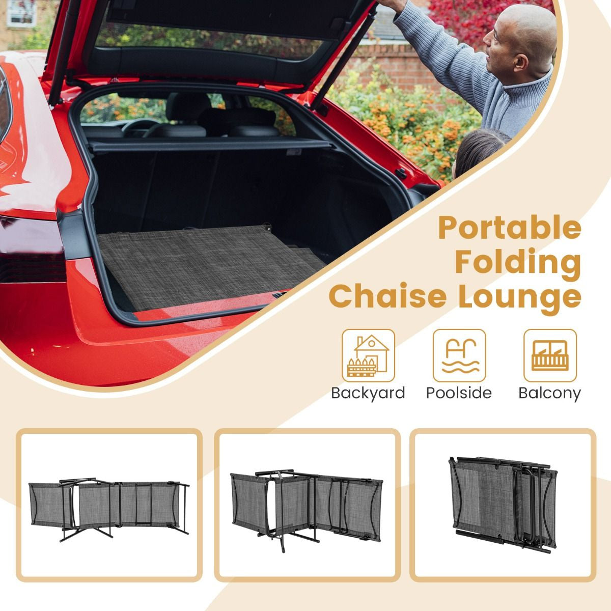 Patio Folding Chaise Lounge Chairs with 6-Level Backrest and Solid Metal Frame
