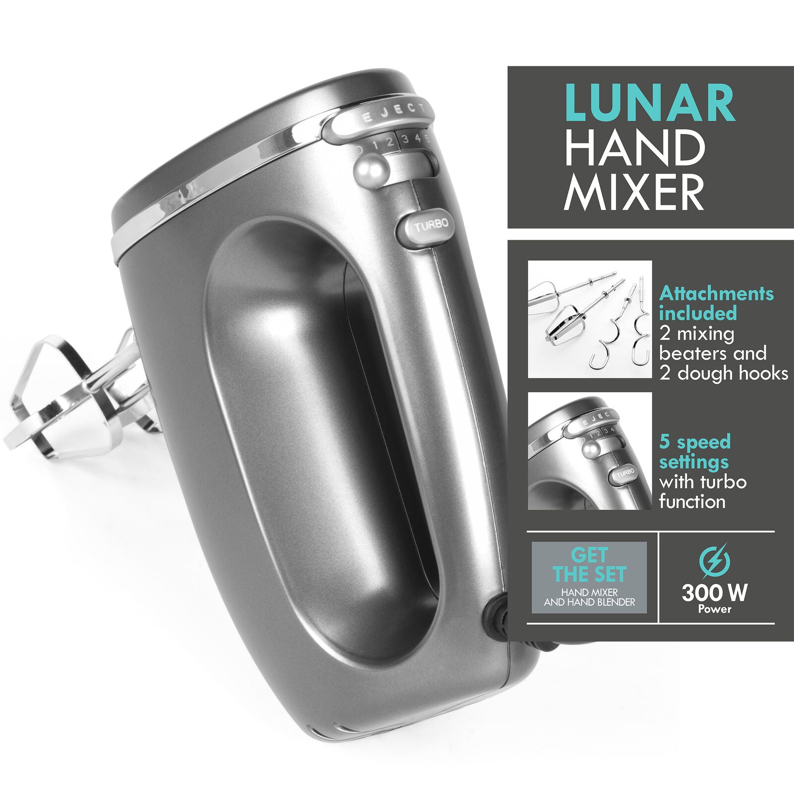 Progress Hand Mixer Electric Whisk & Dough Hooks Lunar 5 Speeds & Turbo 300 W