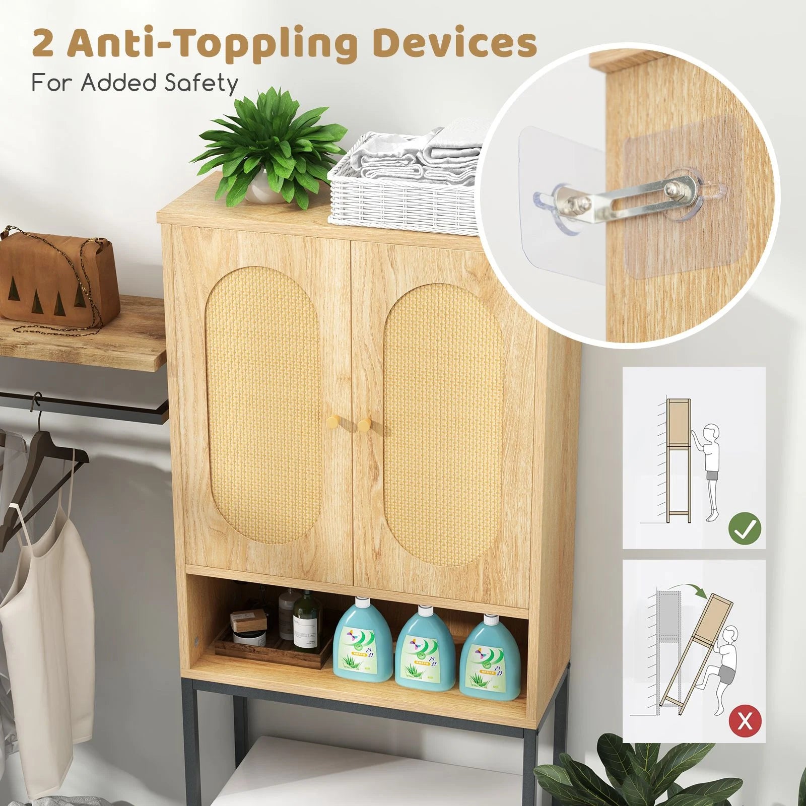 Over the Toilet Freestanding Toilet Storage Cabinet with Rattan Doors