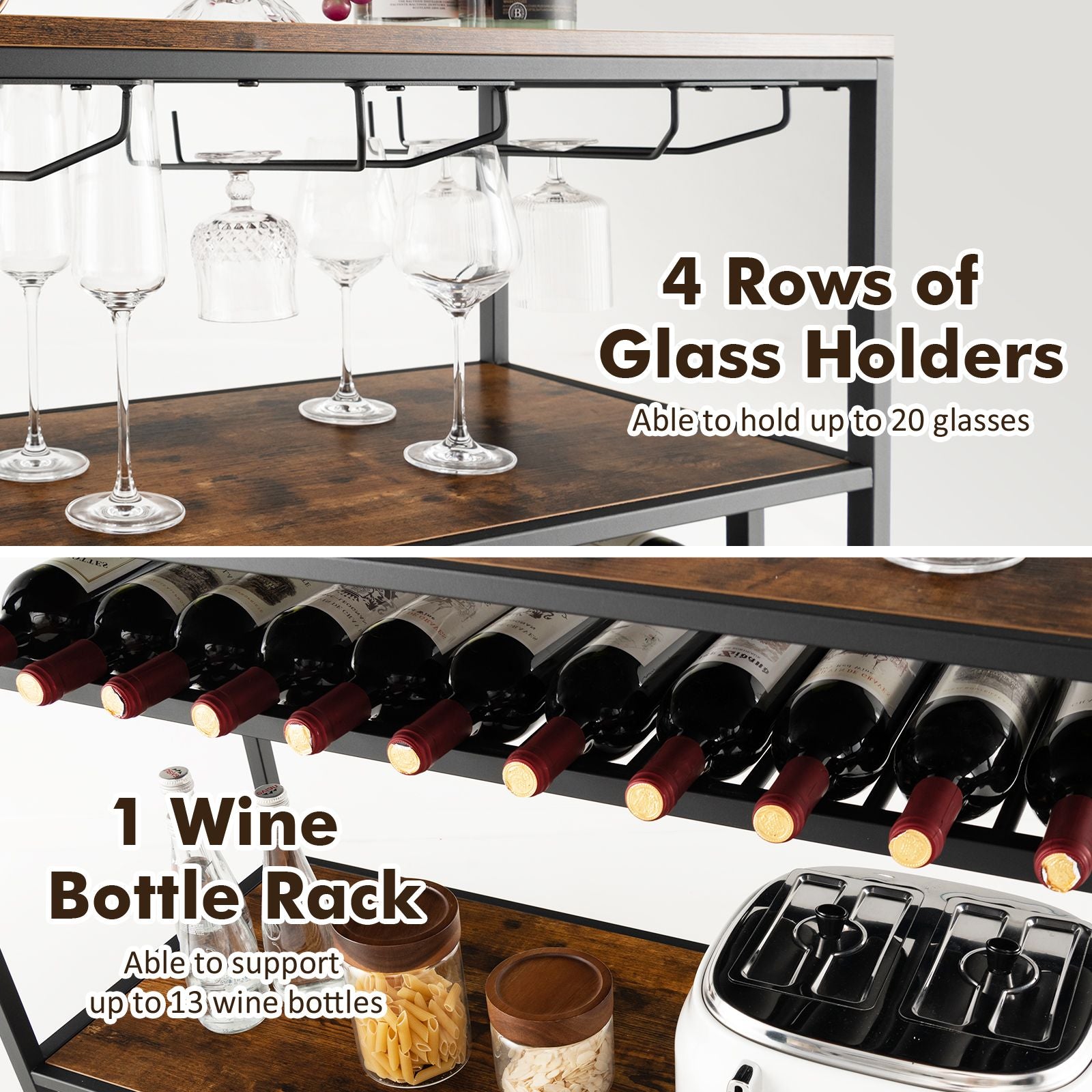 Industrial Bar Cabinet with Wine Rack & 4 Rows of Glass Holders