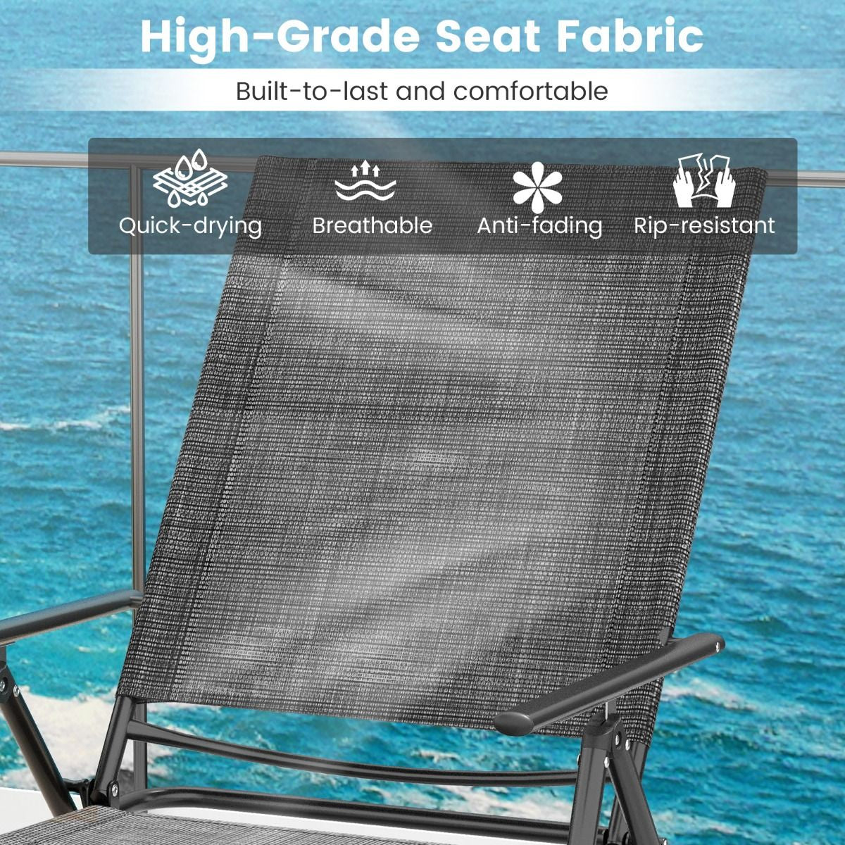 Patio Folding Chaise Lounge Chairs with 6-Level Backrest and Solid Metal Frame