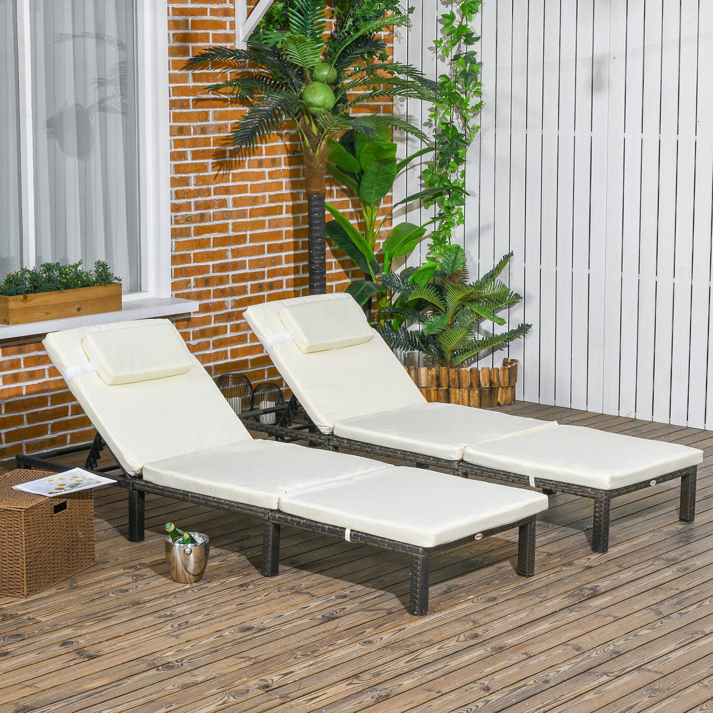 Rattan Sun Loungers Set of 2 W/ 5-Level Adjustable Backrest Headrest