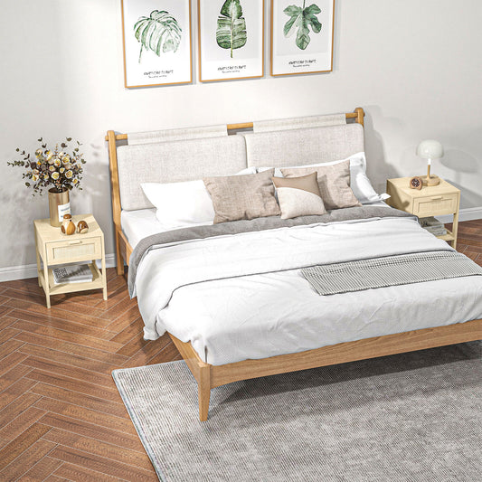 Bedside Table Nightstand W/ Rattan Drawer Storage Shelf Bedroom Living Room