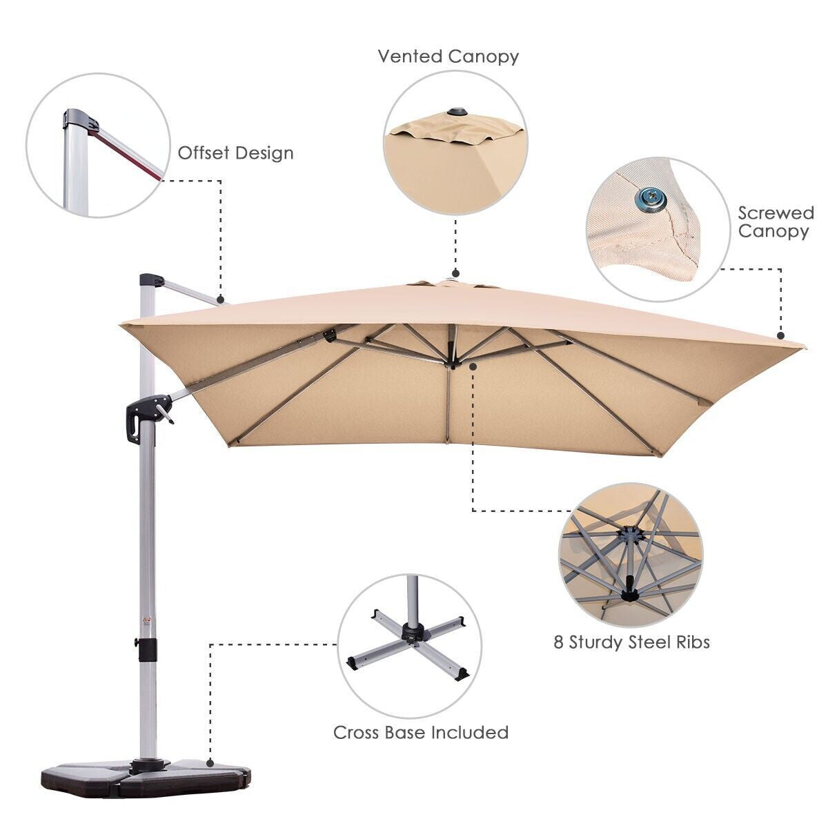 3M Cantilever Garden Parasol with Tilted Design and 360° Rotation