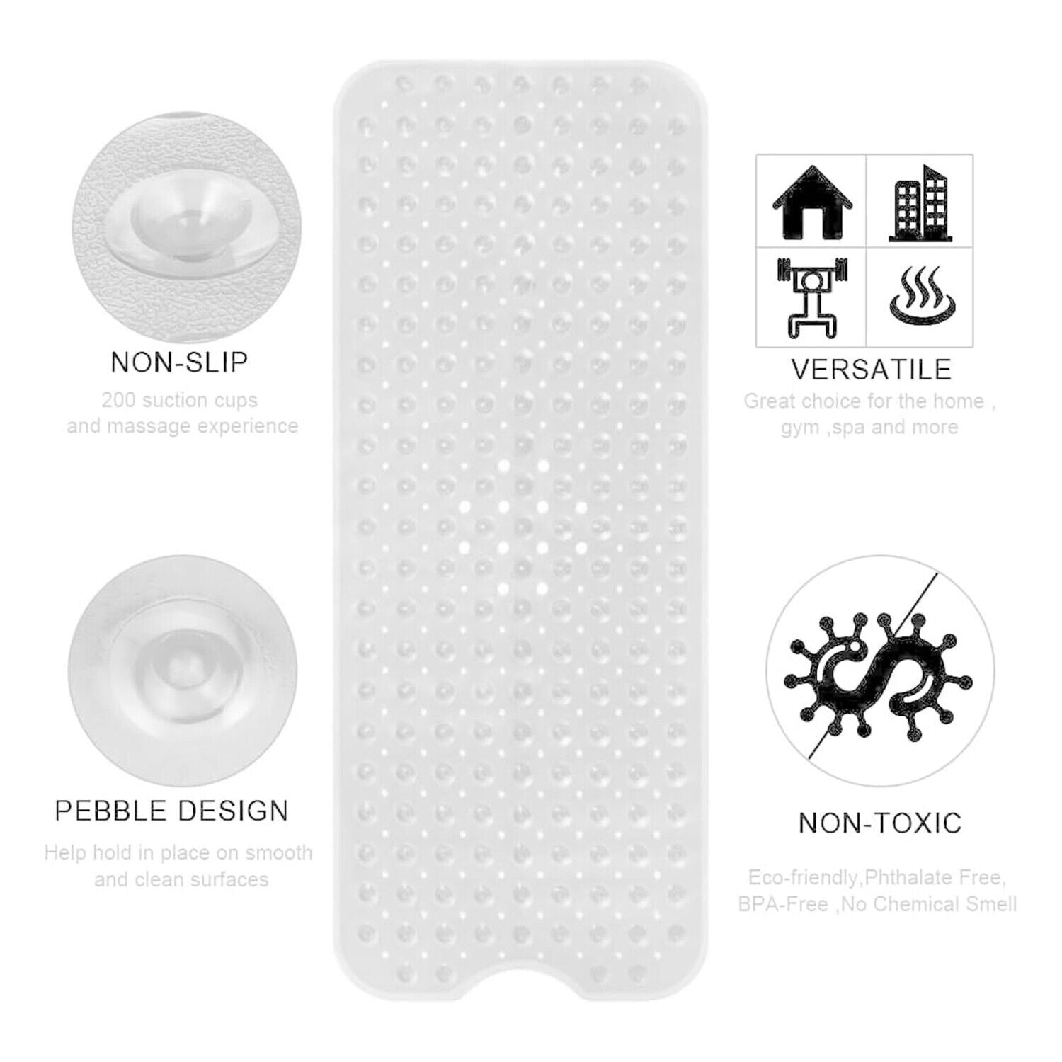 Extra Large Non Slip Bath Mat Bathtub Strong Suction Anti-Mold Rubber Shower Mat