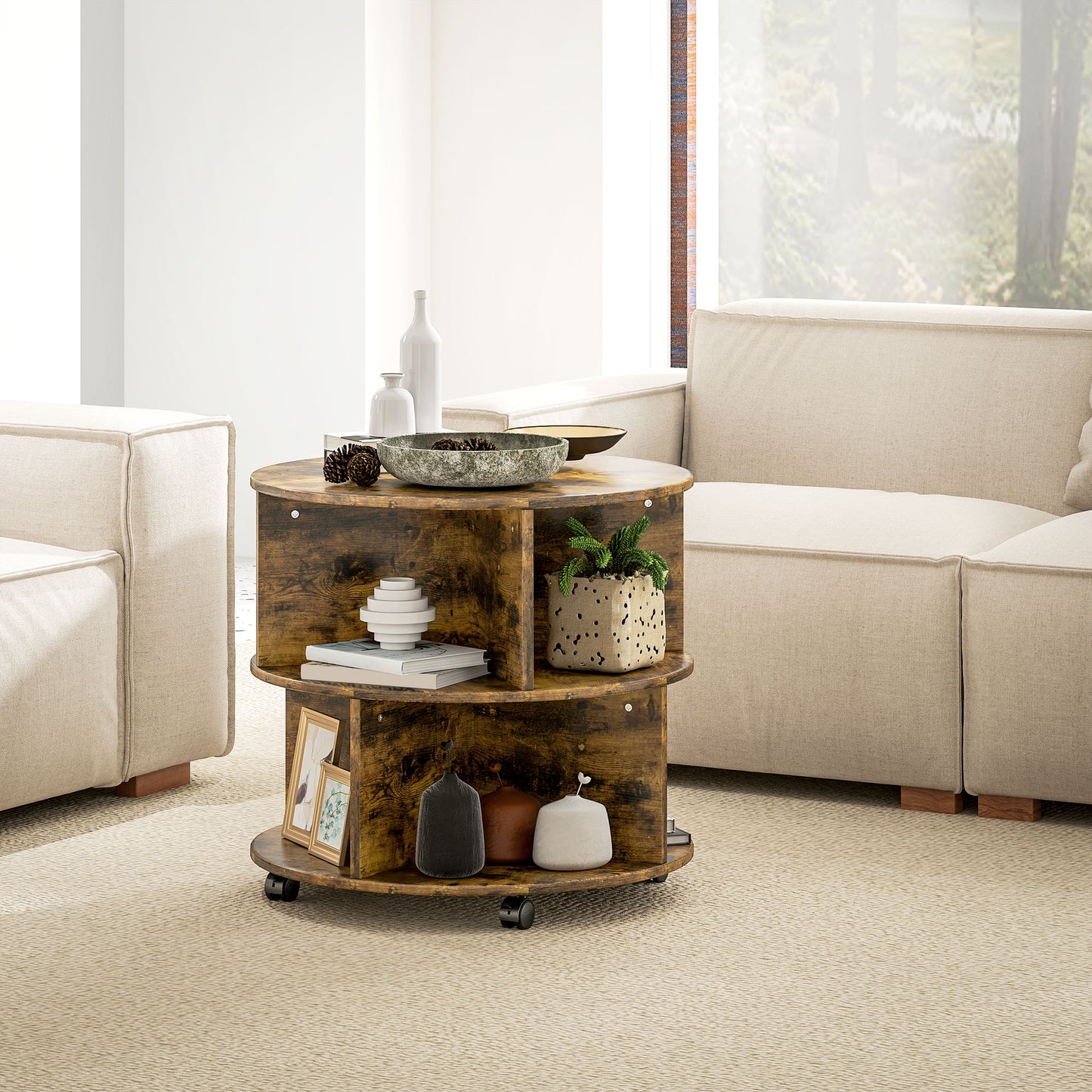 3 Tier round Coffee Table with Storage Shelves for Living Room