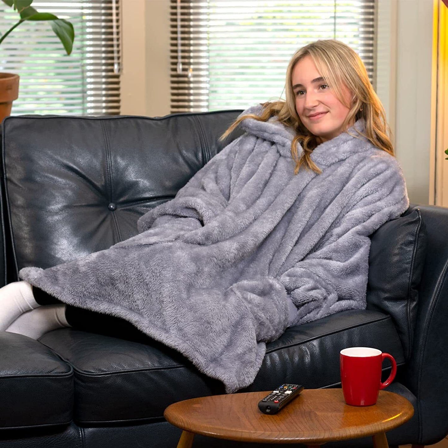 Snugrug Oversized Long Hooded Adult Sherpa Big Fleece Blanket Hoodie Sweatshirt