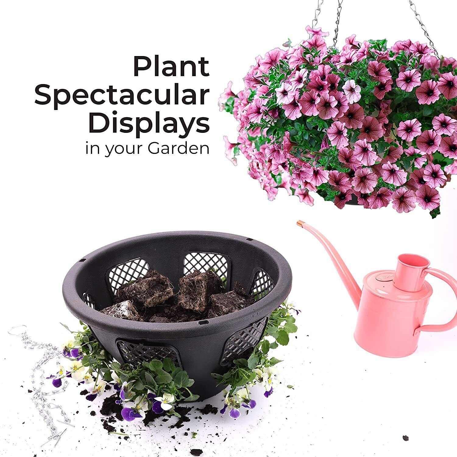 PLASTIC HANGING BASKETS for PLANTS FLOWERS GARDEN OUTDOOR HANGING BLACK 12 INCH