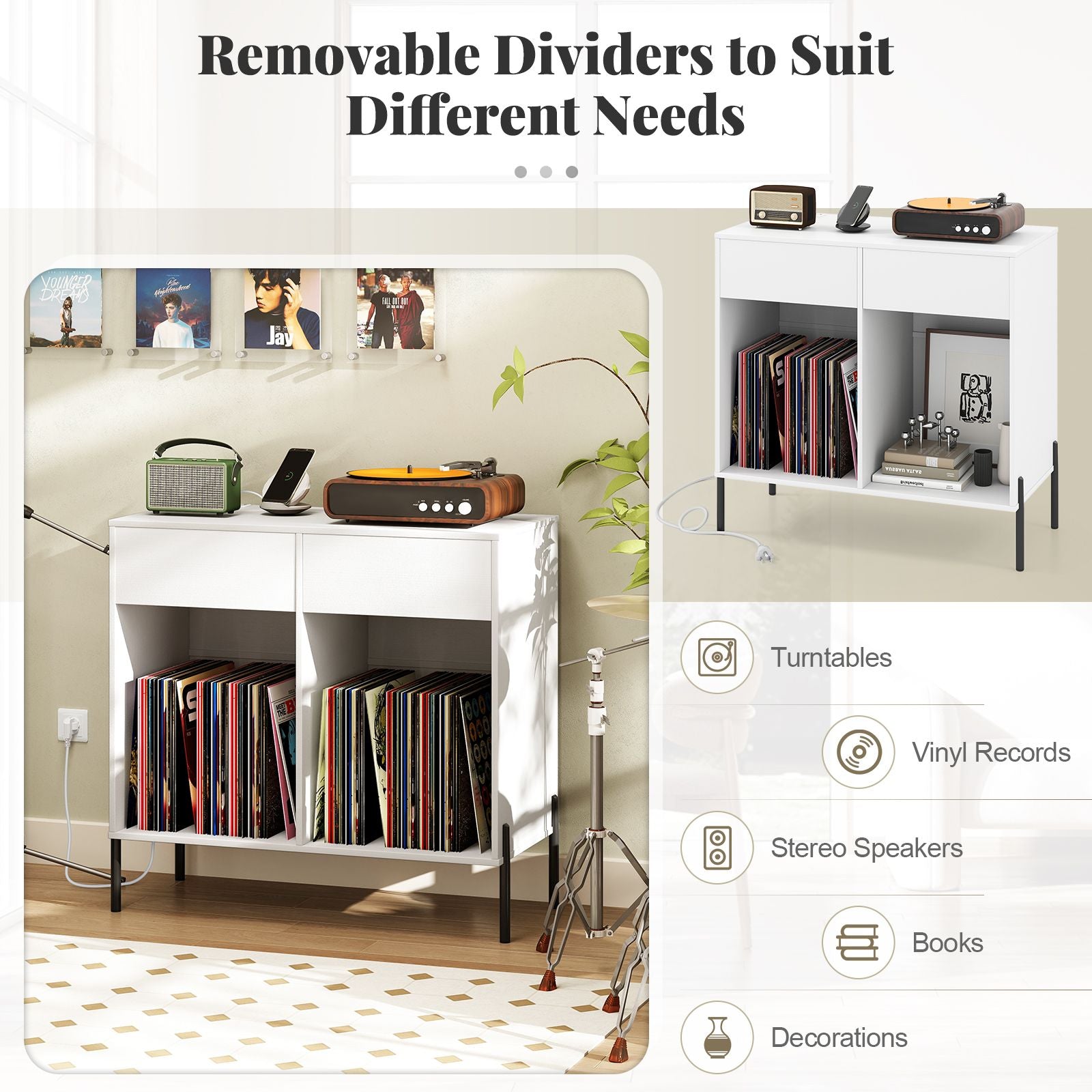 Record Player Stand with Power Outlets and Drawers for Living Room
