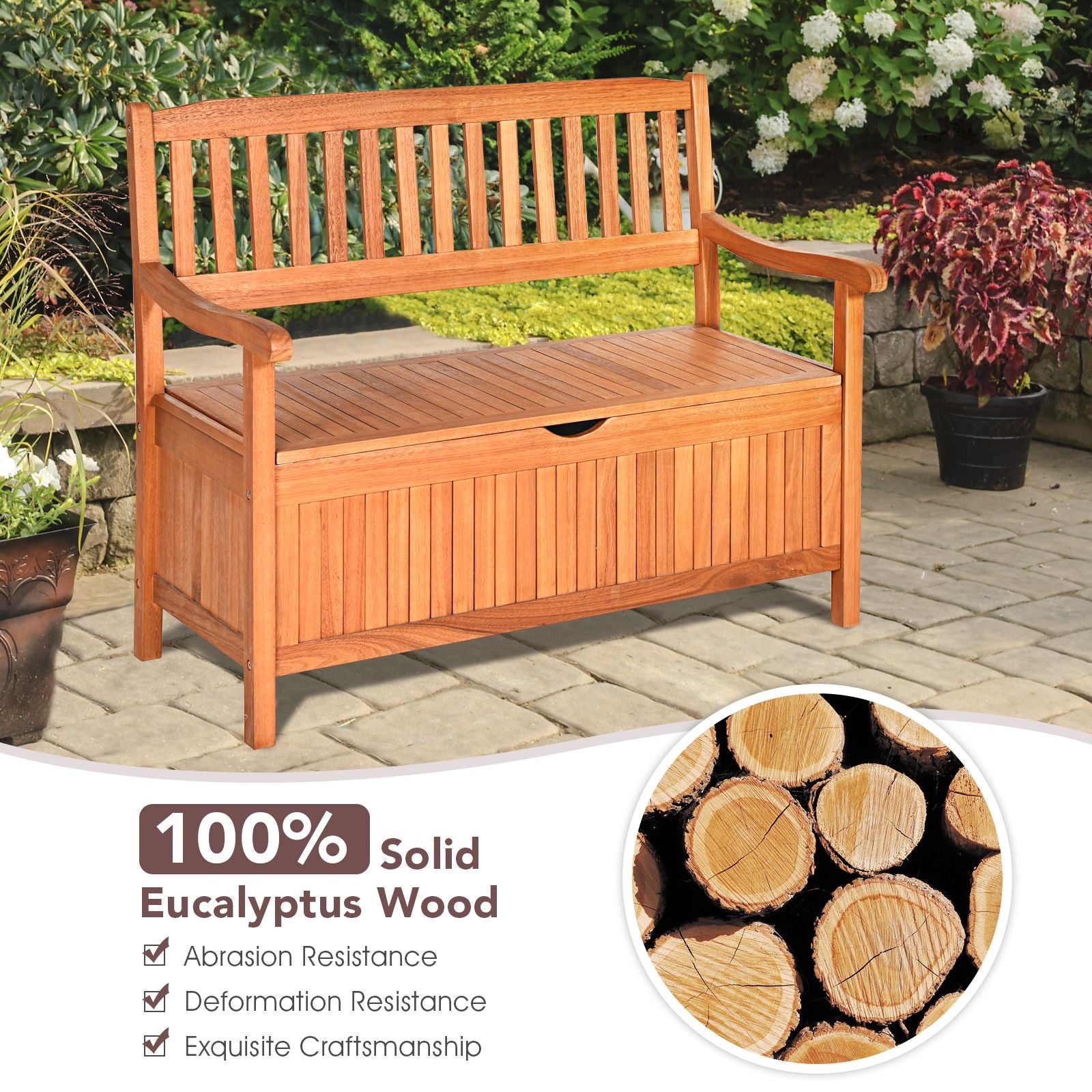 Multifunctional Patio Storage Bench 125L Eucalyptus Storage Seat