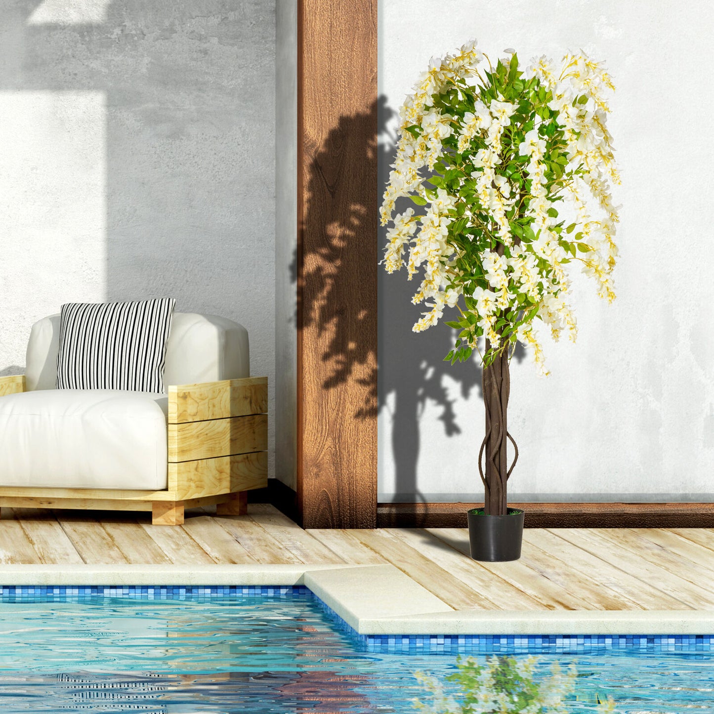 HOMCOM Artificial Realistic White Wisteria Tree Faux Plant for Indoor Décor