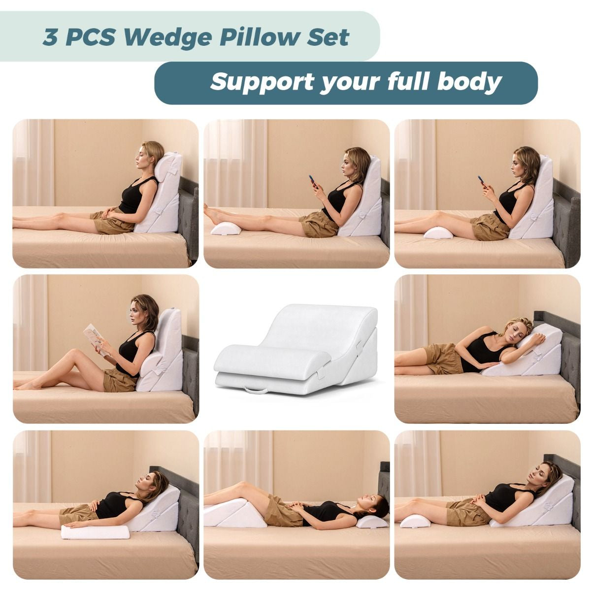 3 PCS Bed Wedge Pillow Set with Machine-Washable Cover for Snoring