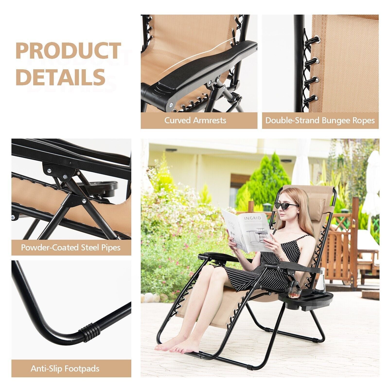 Folding Zero Gravity Chairs Outdoor Patio Recliners with Removable Headrests