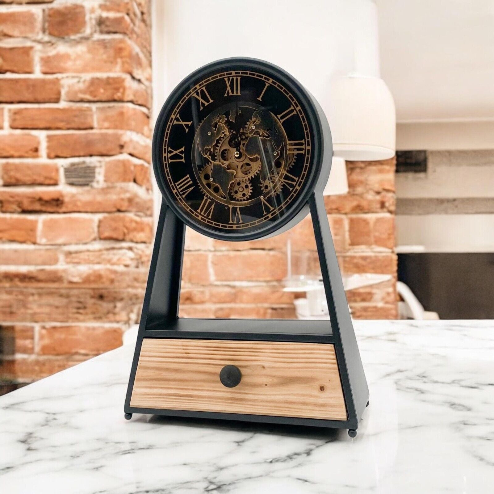 Mantel Gear Clock Moving Gears Drawer Silent Sweep Clock round Black and Gold