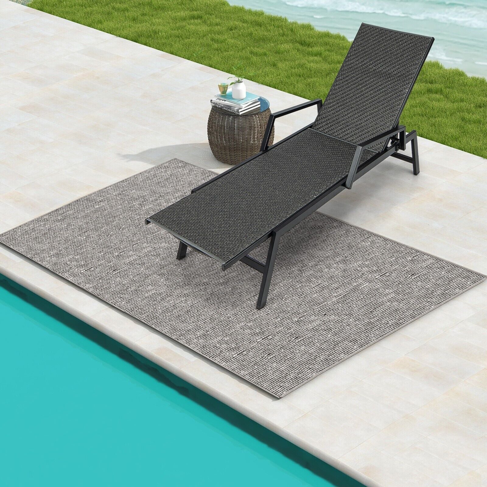 COSTWAY Wicker Outdoor Chaise Lounge Adjustable Rattan Garden Lounge Chair