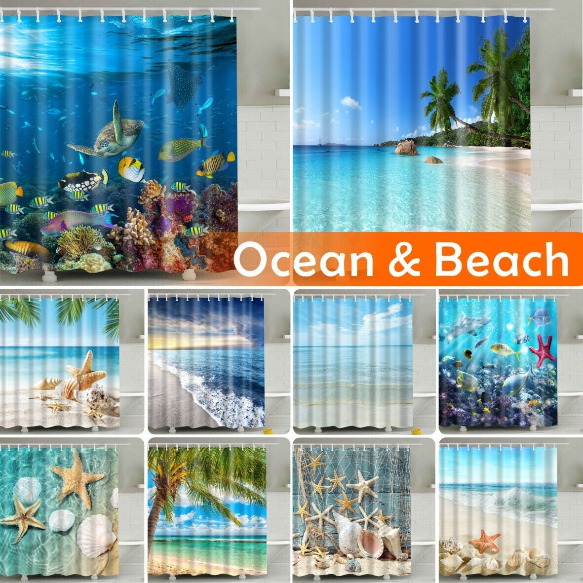 Beach Starfish Ocean Print Shower Curtain Toilet Bathroom Waterproof 12 Hooks