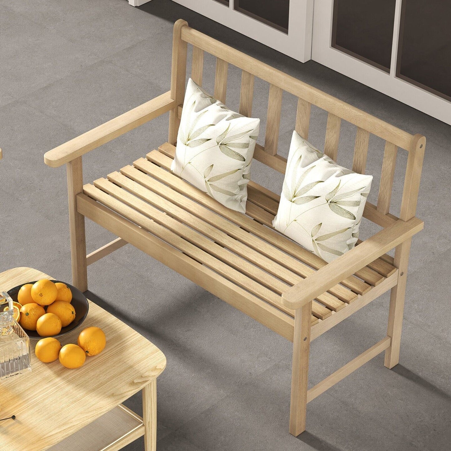 Wood Garden Bench 2-Person Patio Lounger Loveseat Slatted Seat with Backrest