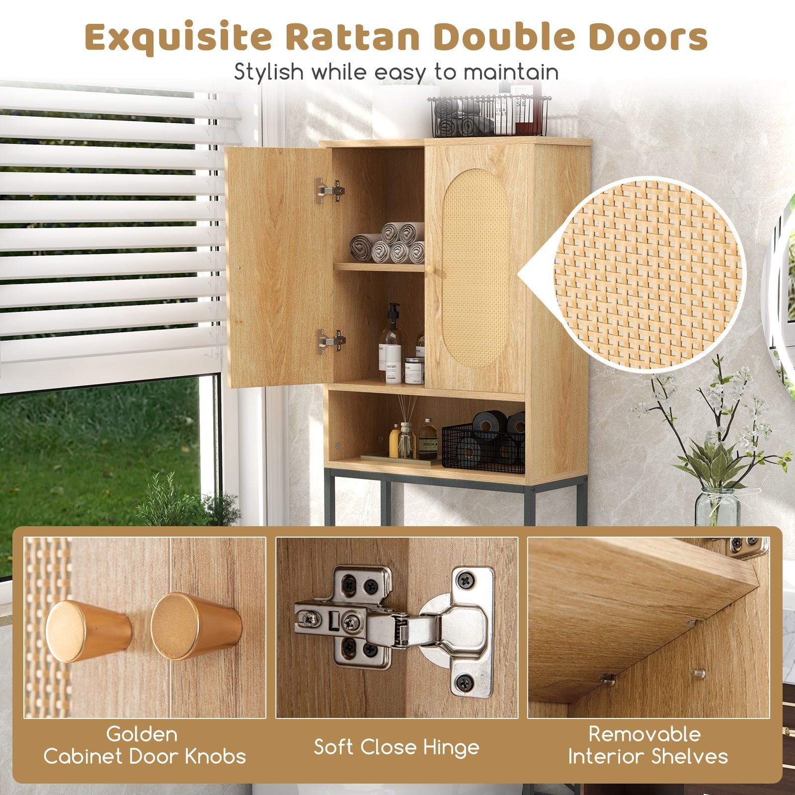 Over the Toilet Freestanding Toilet Storage Cabinet with Rattan Doors
