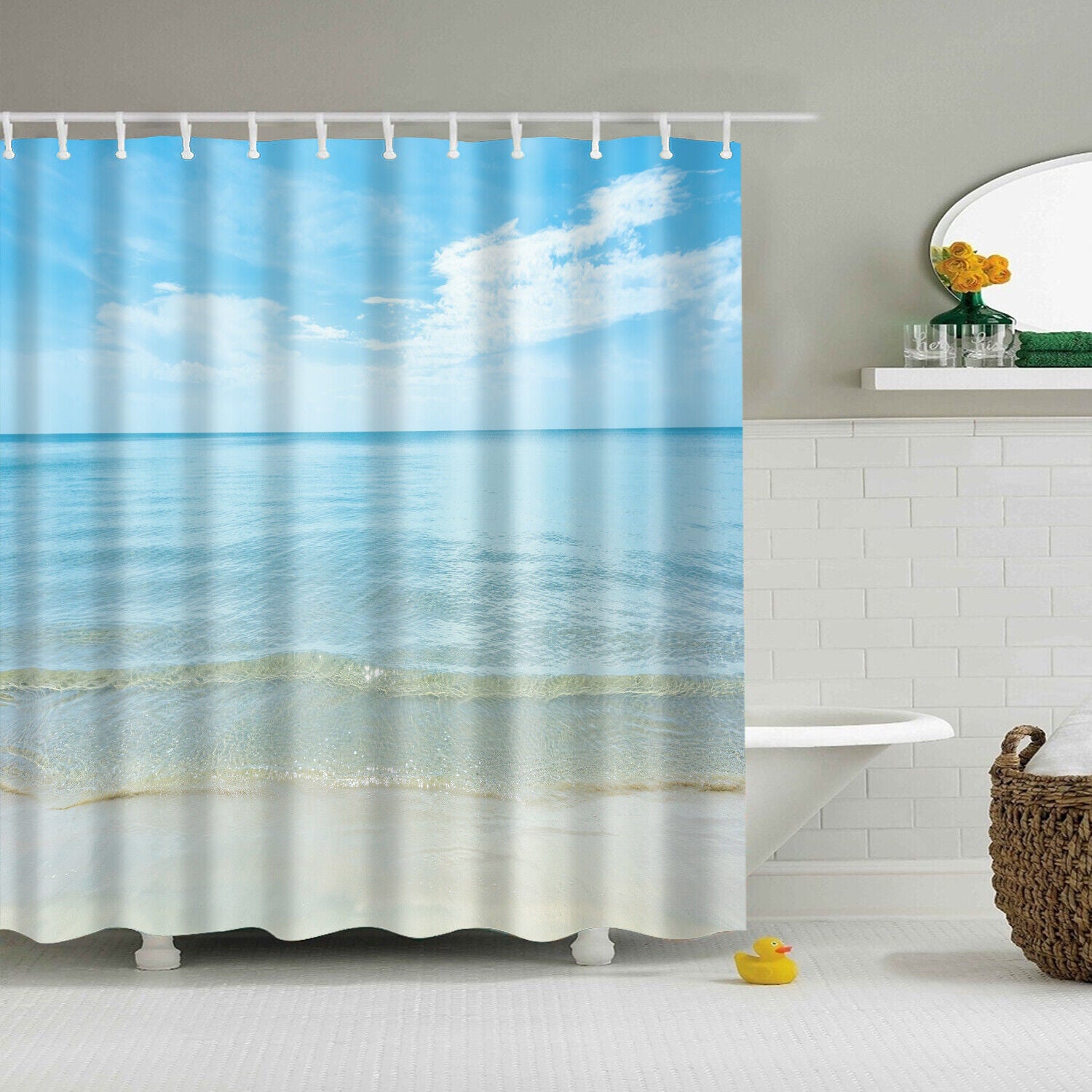Beach Starfish Ocean Print Shower Curtain Toilet Bathroom Waterproof 12 Hooks
