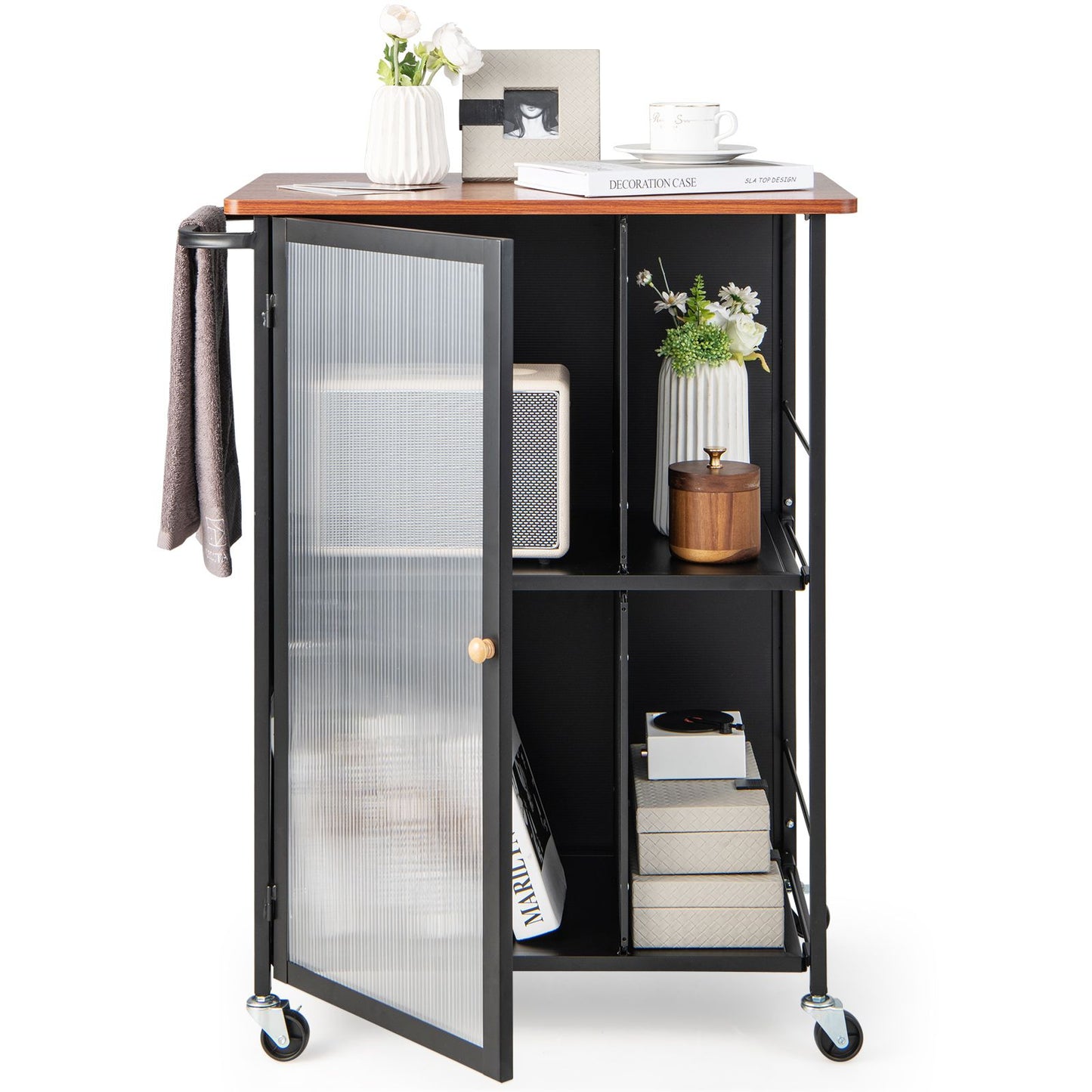 Mobile Serving Cart with Transparent Single Door Cabinet