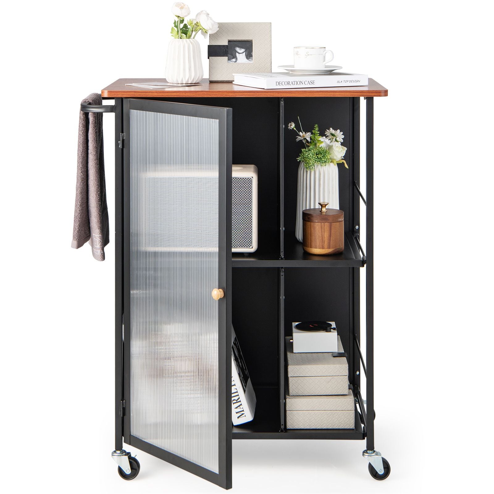 Mobile Serving Cart with Transparent Single Door Cabinet