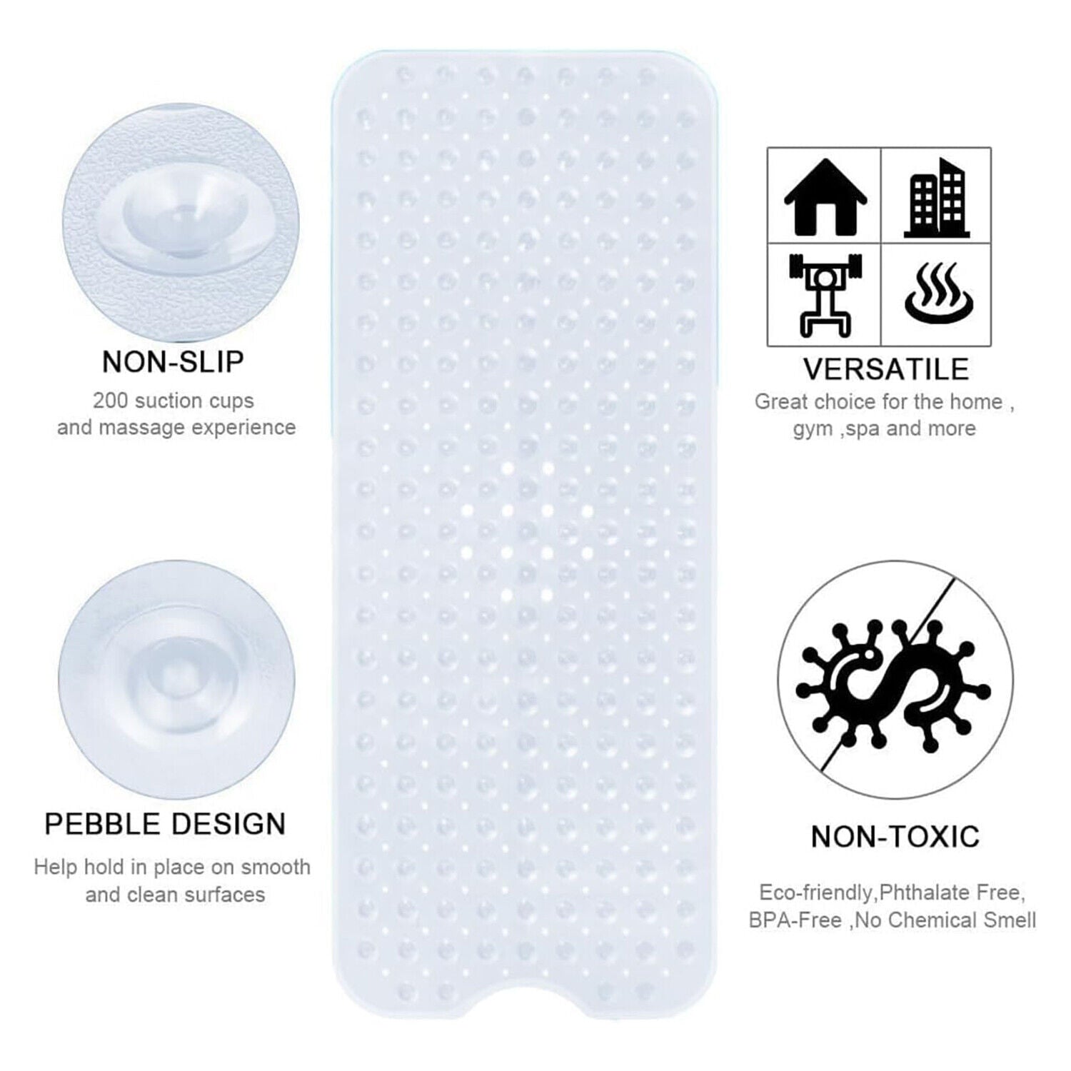 Extra Large Non Slip Bath Mat Bathtub Strong Suction Anti-Mold Rubber Shower Mat