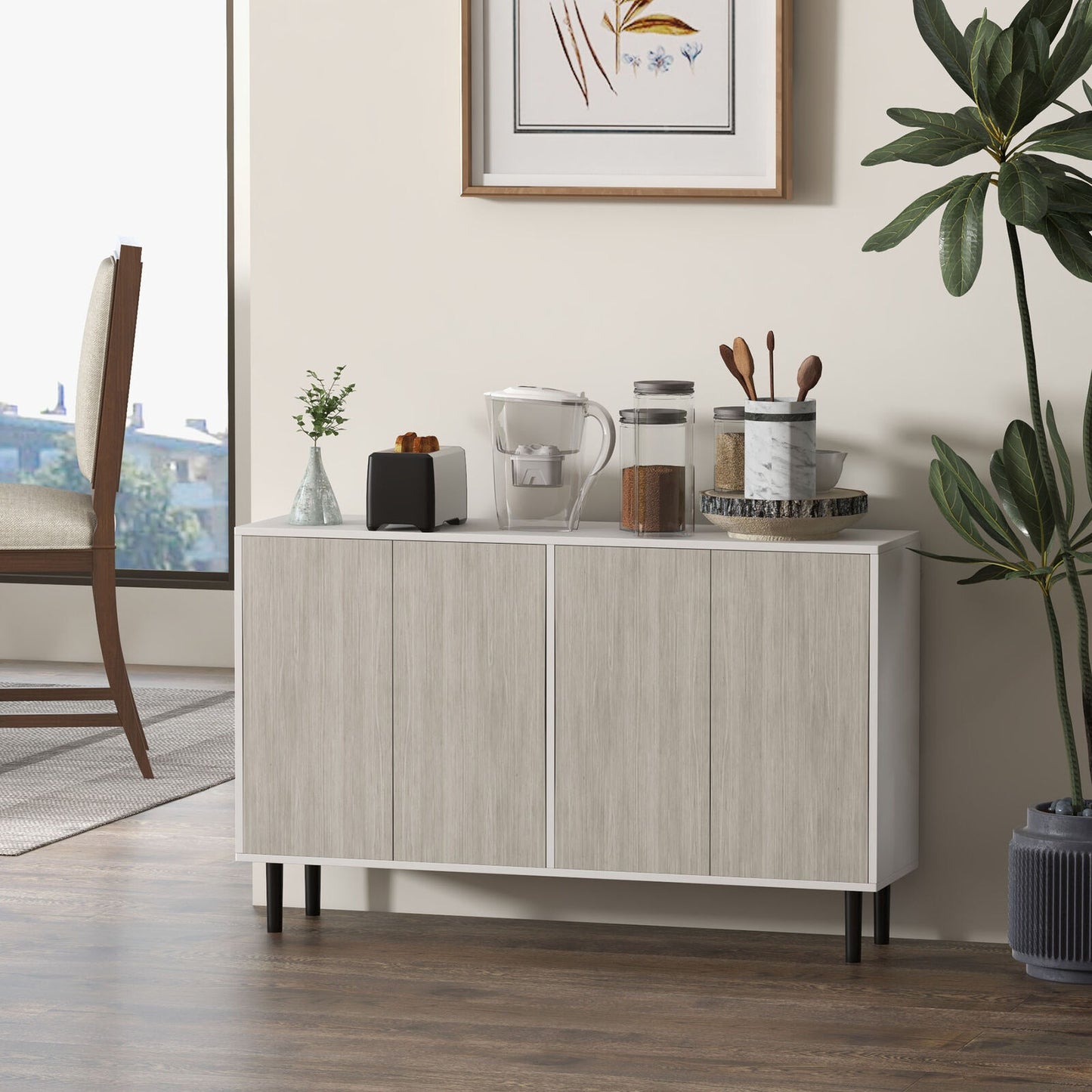 HOMCOM Sideboard Storage Cabinet for Living Room with Adjustable Shelves White