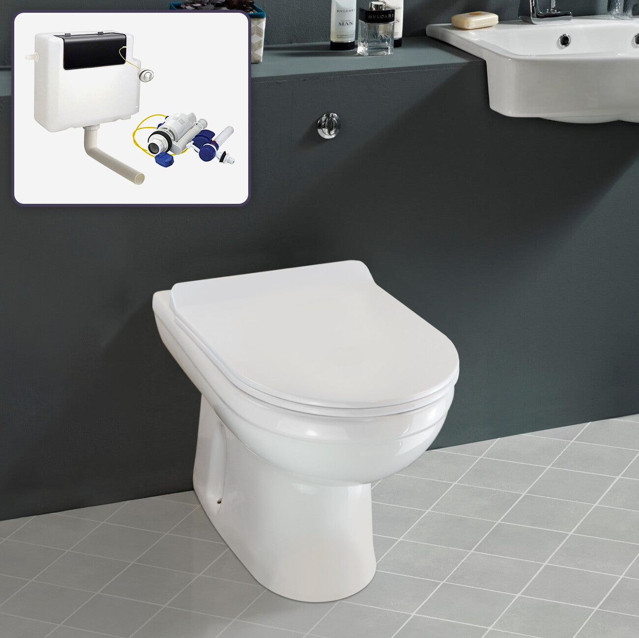 MANIFOLD BACK to WALL MODERN WC TOILET PAN & SOFT CLOSE SEAT + CONCEALED CISTERN