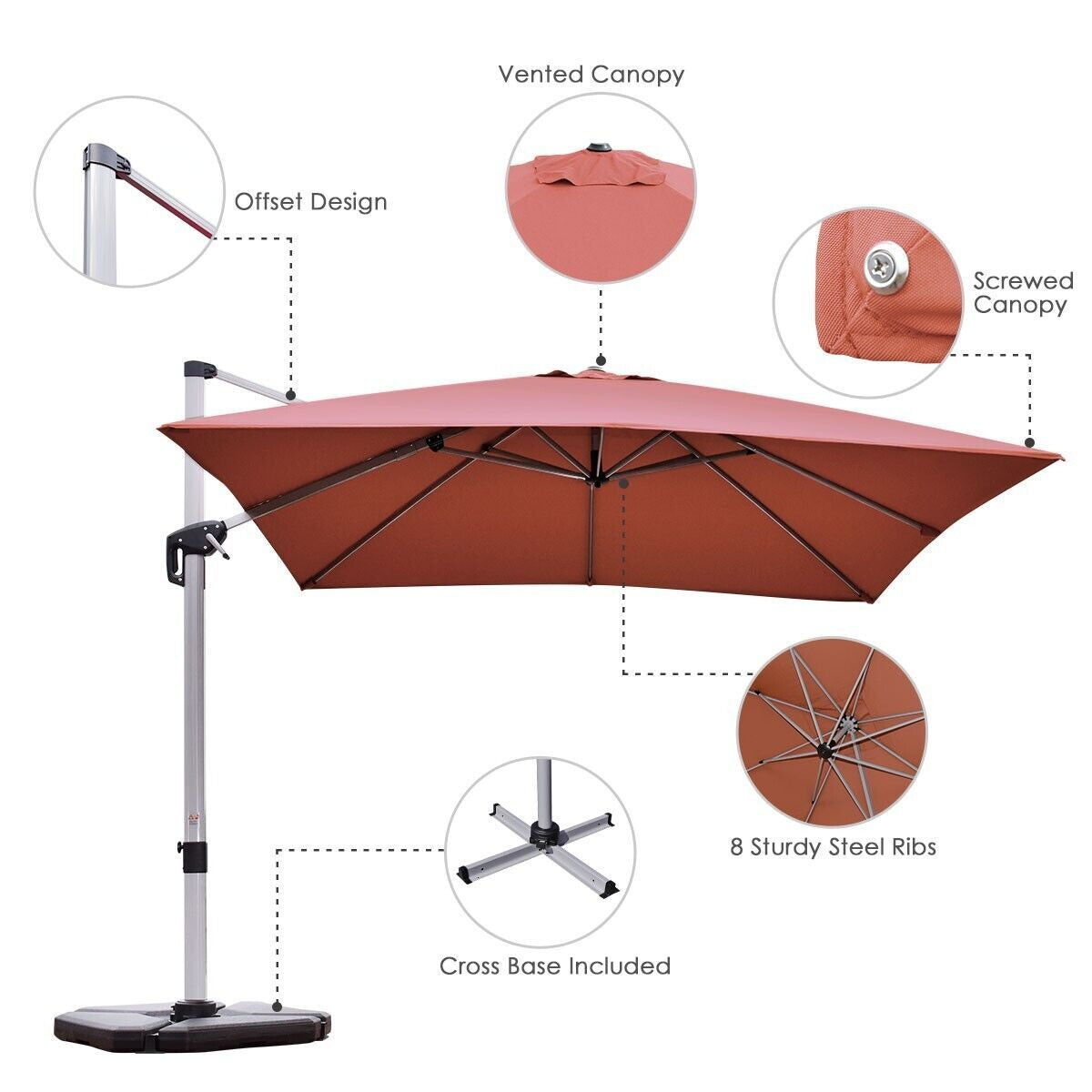 3M Cantilever Garden Parasol with Tilted Design and 360° Rotation