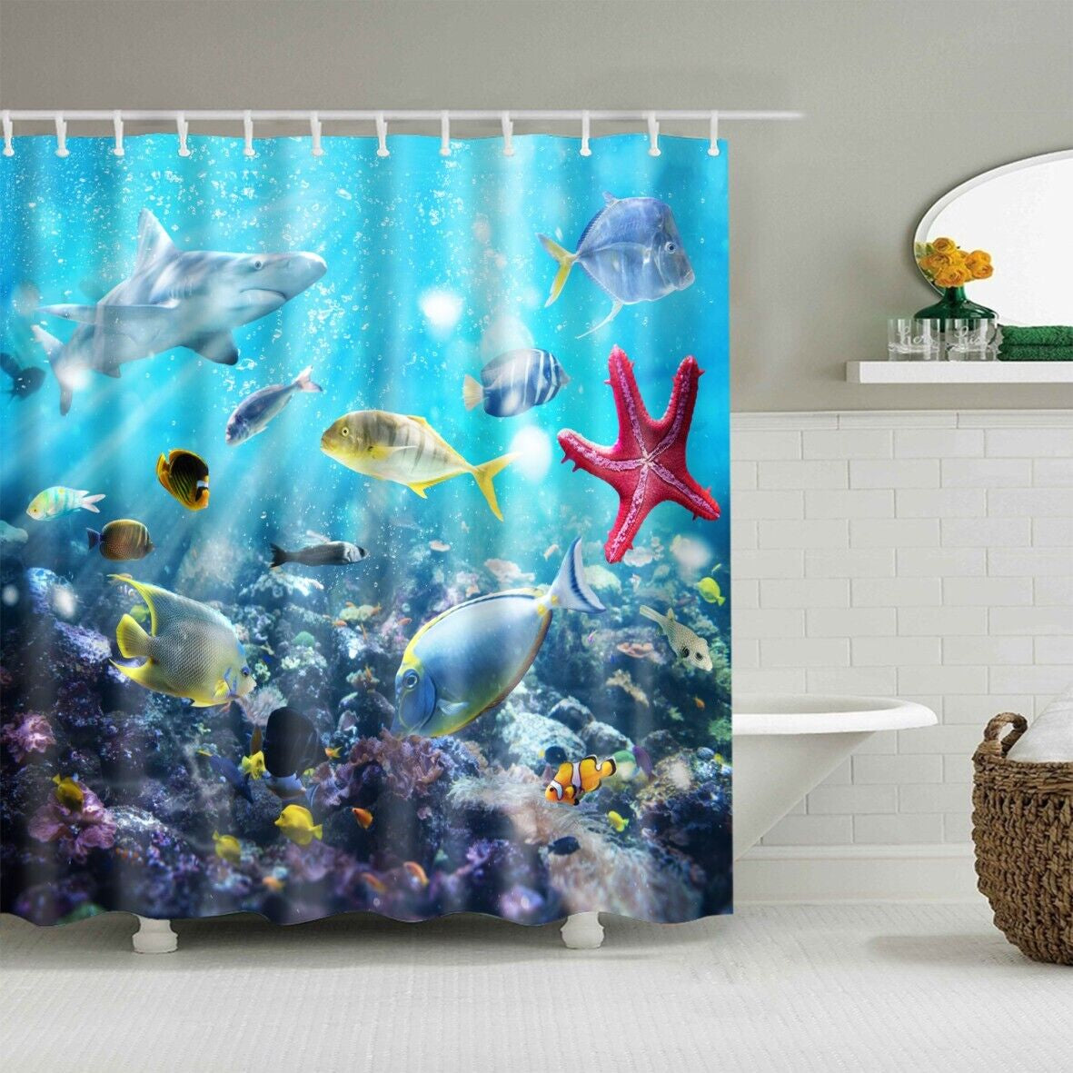 Beach Starfish Ocean Print Shower Curtain Toilet Bathroom Waterproof 12 Hooks