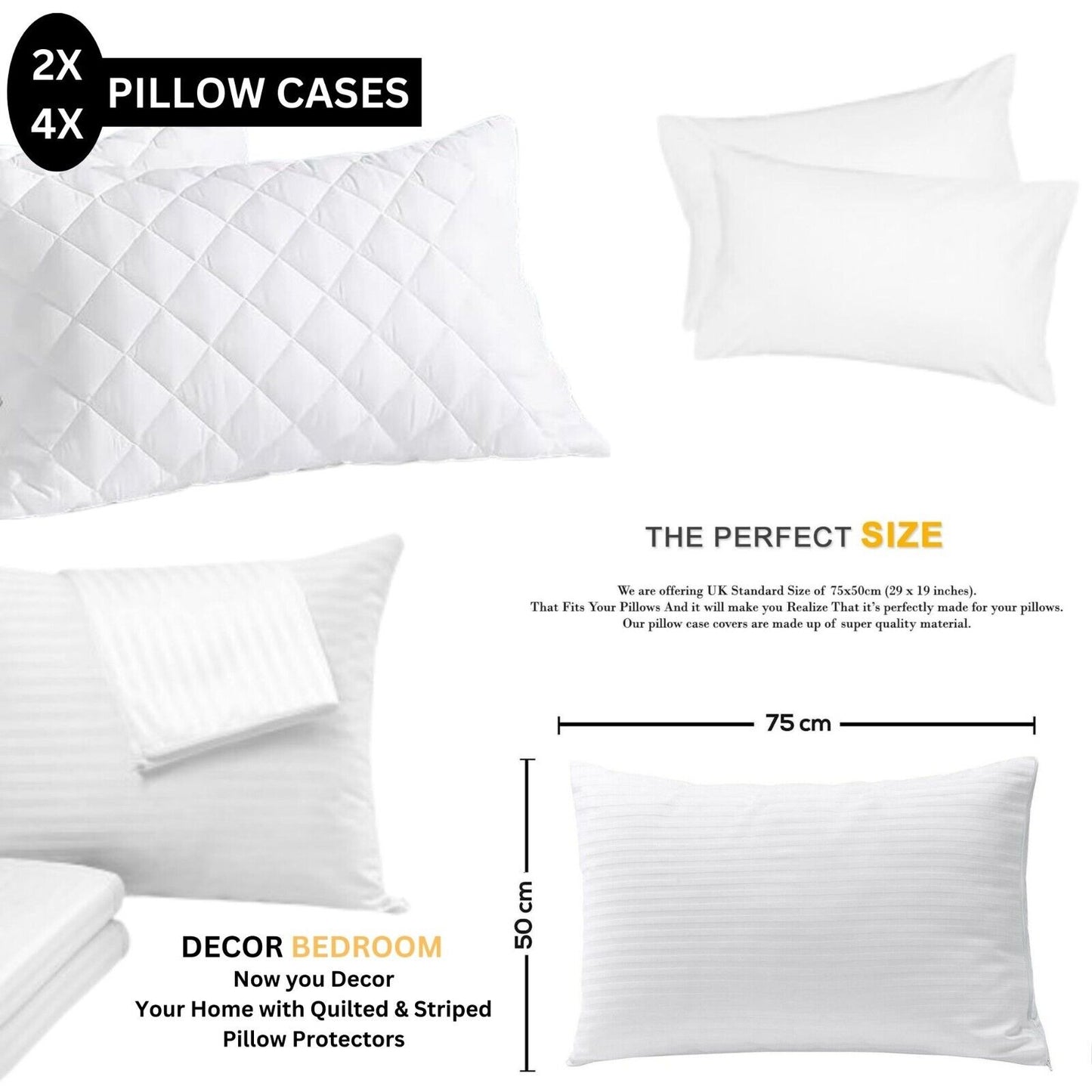 Pack of 4 Zipped WATERPROOF QUILTED Pillow Protectors Hypoallergenic Soft Covers