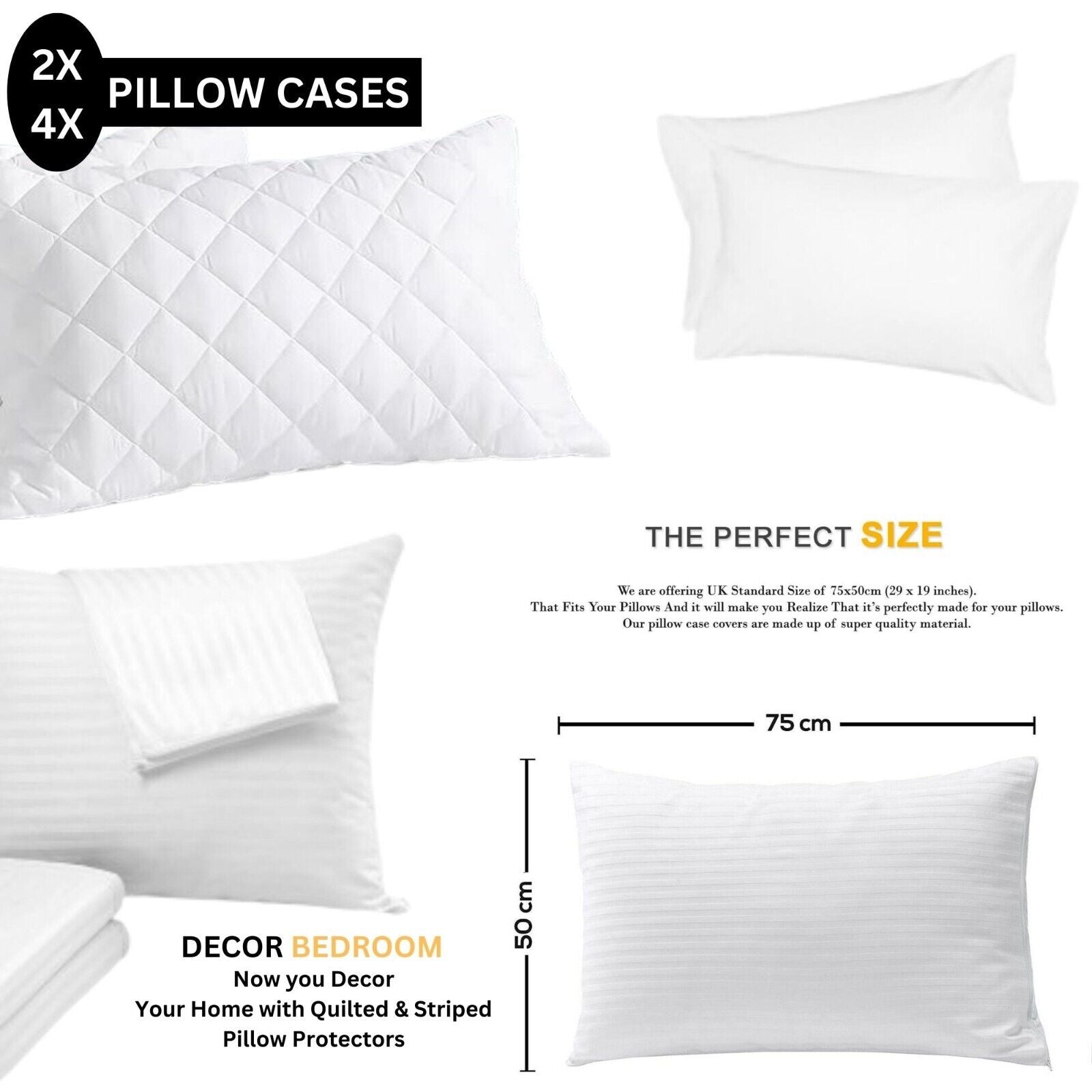 Pack of 4 Zipped WATERPROOF QUILTED Pillow Protectors Hypoallergenic Soft Covers