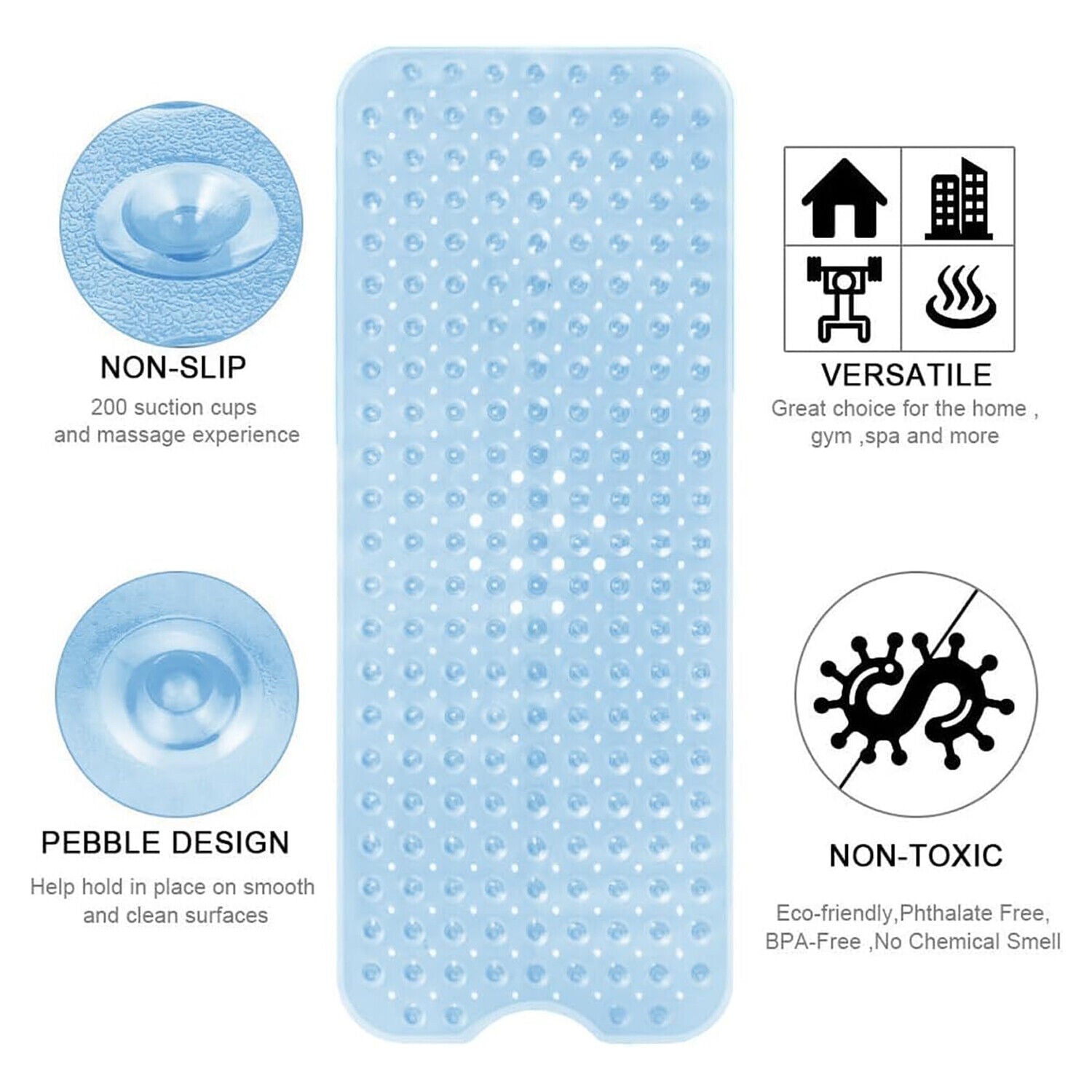 Extra Large Non Slip Bath Mat Bathtub Strong Suction Anti-Mold Rubber Shower Mat