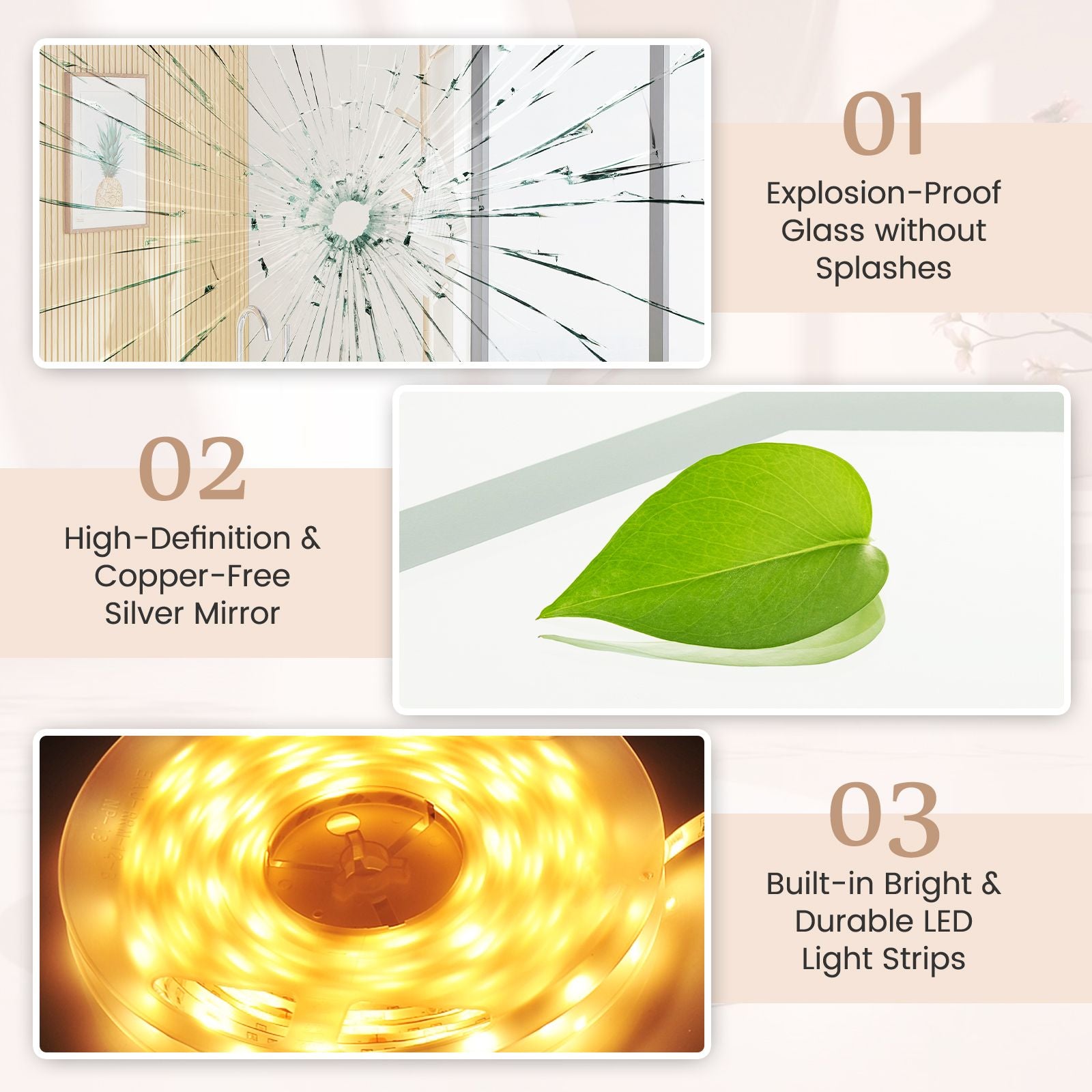 Anti-Fog Mirror LED Bathroom Mirror with 3 Color LED Light