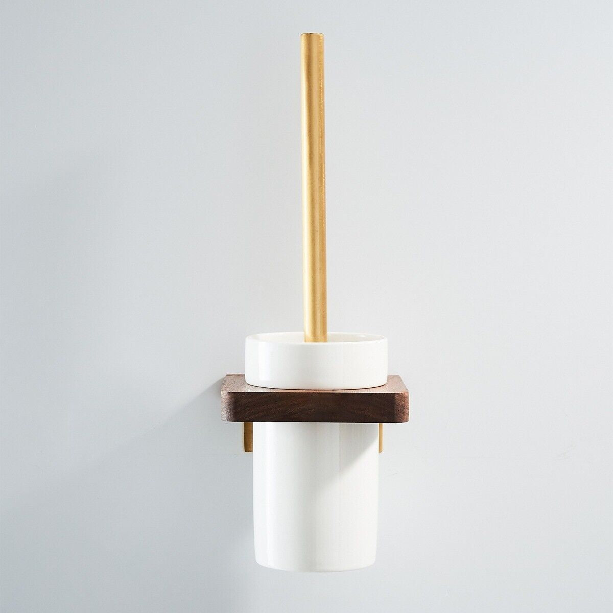Abloh Luxury Toilet Brush, Holder and Ceramic Bowl Wooden Walnut & Gold