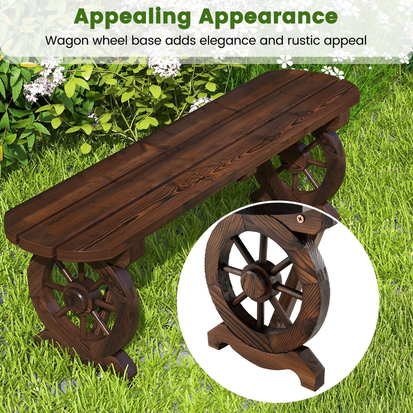 2-Seat Patio Wood Bench with Wagon Wheel Base and Slatted Seat