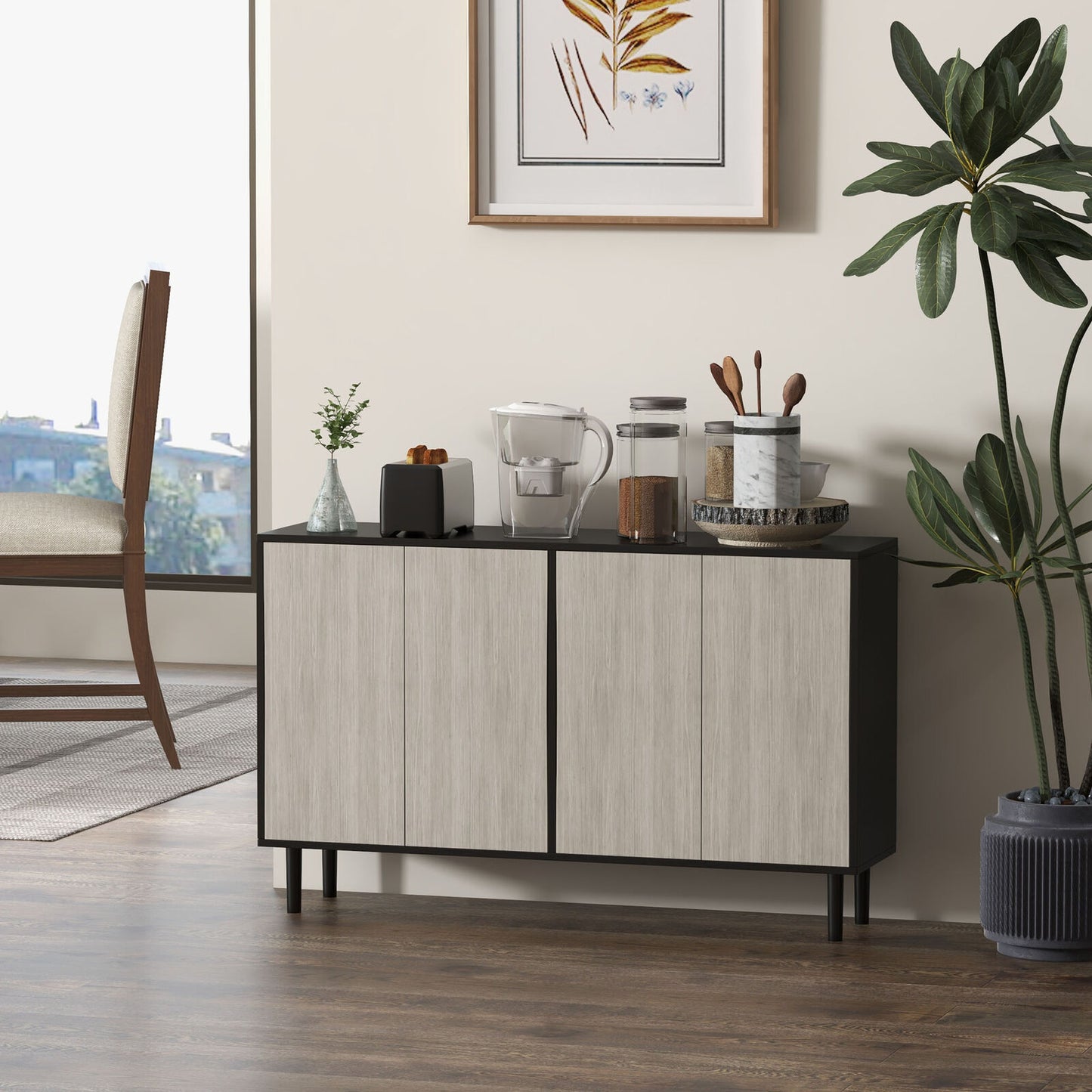 HOMCOM Sideboard Storage Cabinet for Living Room with Adjustable Shelves Black